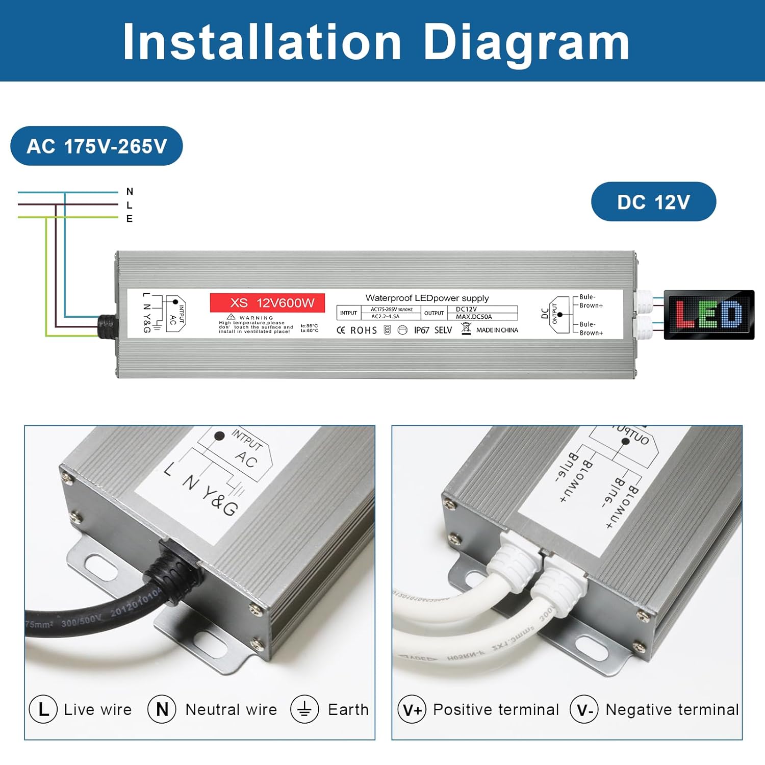 Trasformatore LED 12V 600W 50A IP67 - immagine 8