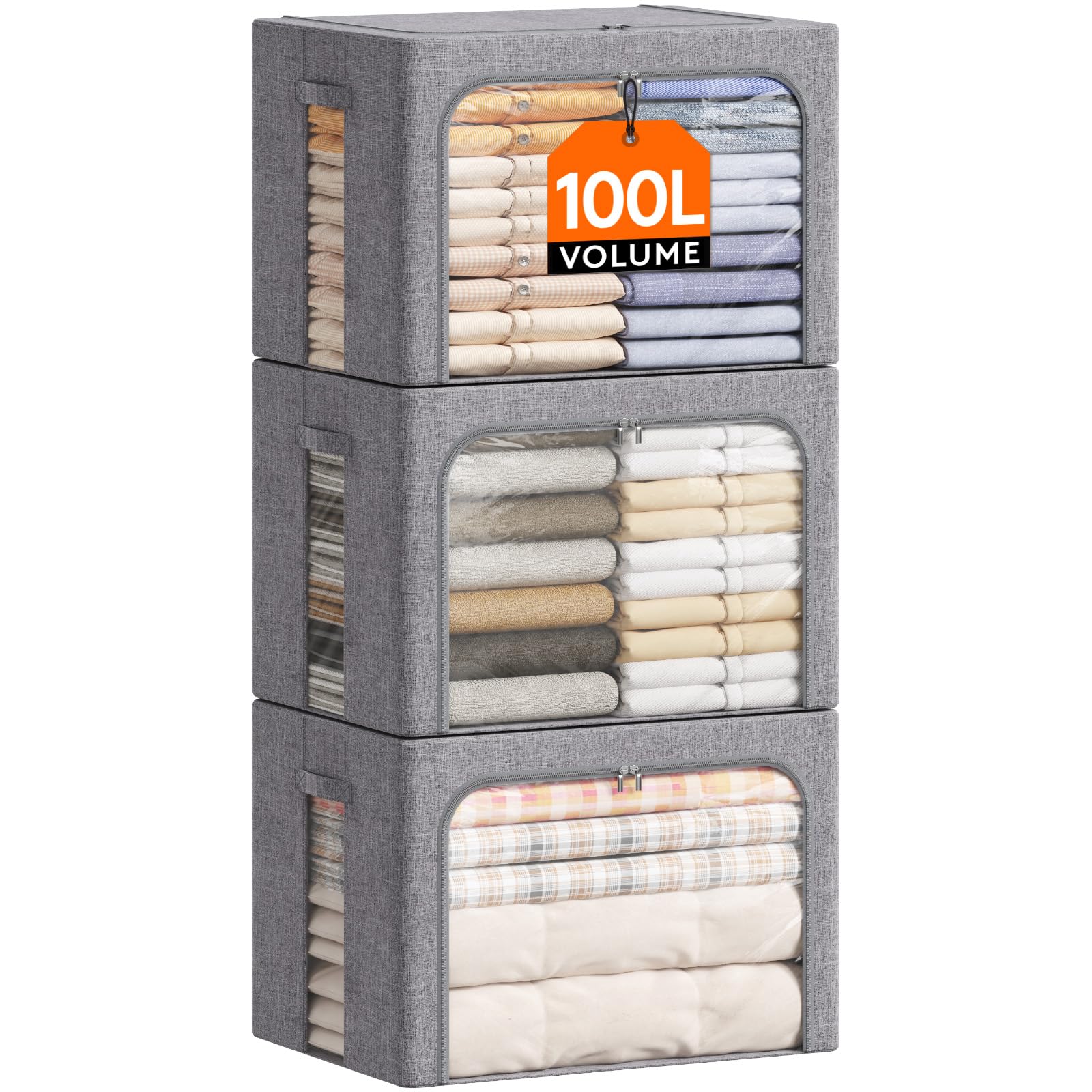 Lifewit Scatole Armadio Rigide con Cerniera 100L, Grigio