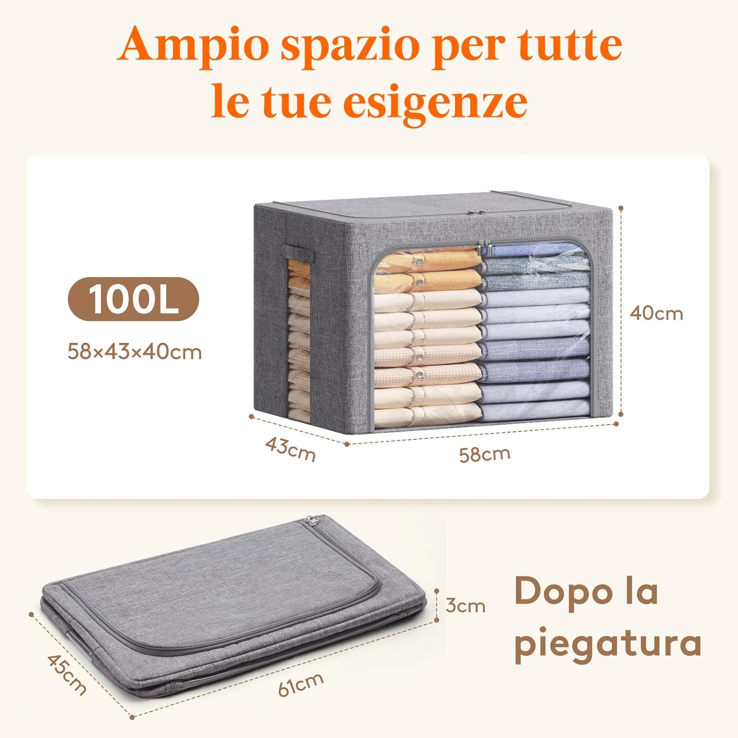 Lifewit Scatole Armadio Rigide con Cerniera 100L, Grigio - immagine 4