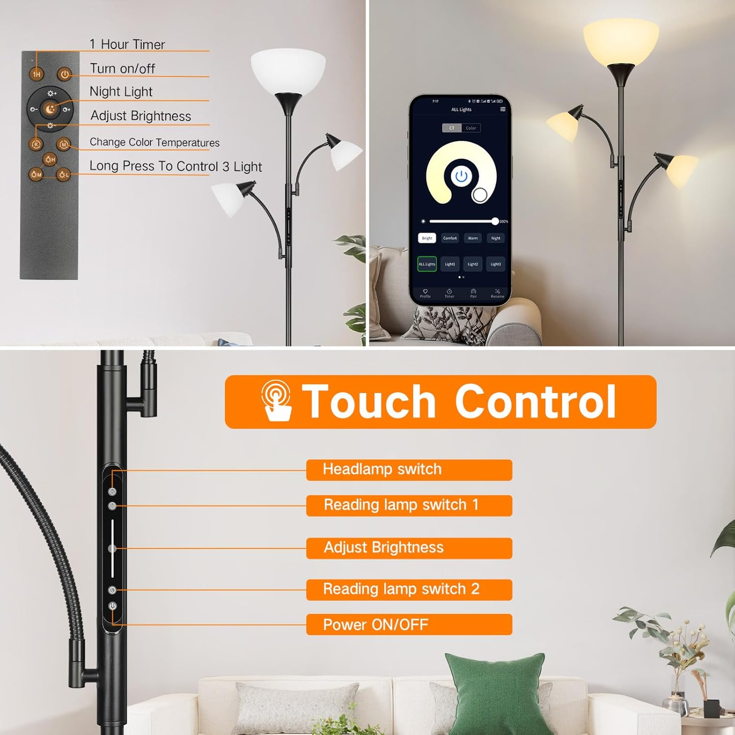 OUTON Lampada da Terra Dimmerabile con Telecomando e APP, Nero - immagine 2