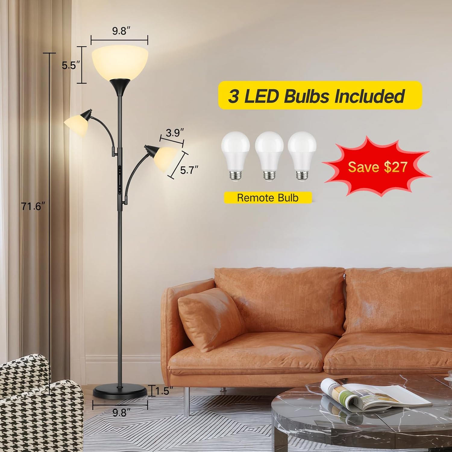 OUTON Lampada da Terra Dimmerabile con Telecomando e APP, Nero - immagine 5