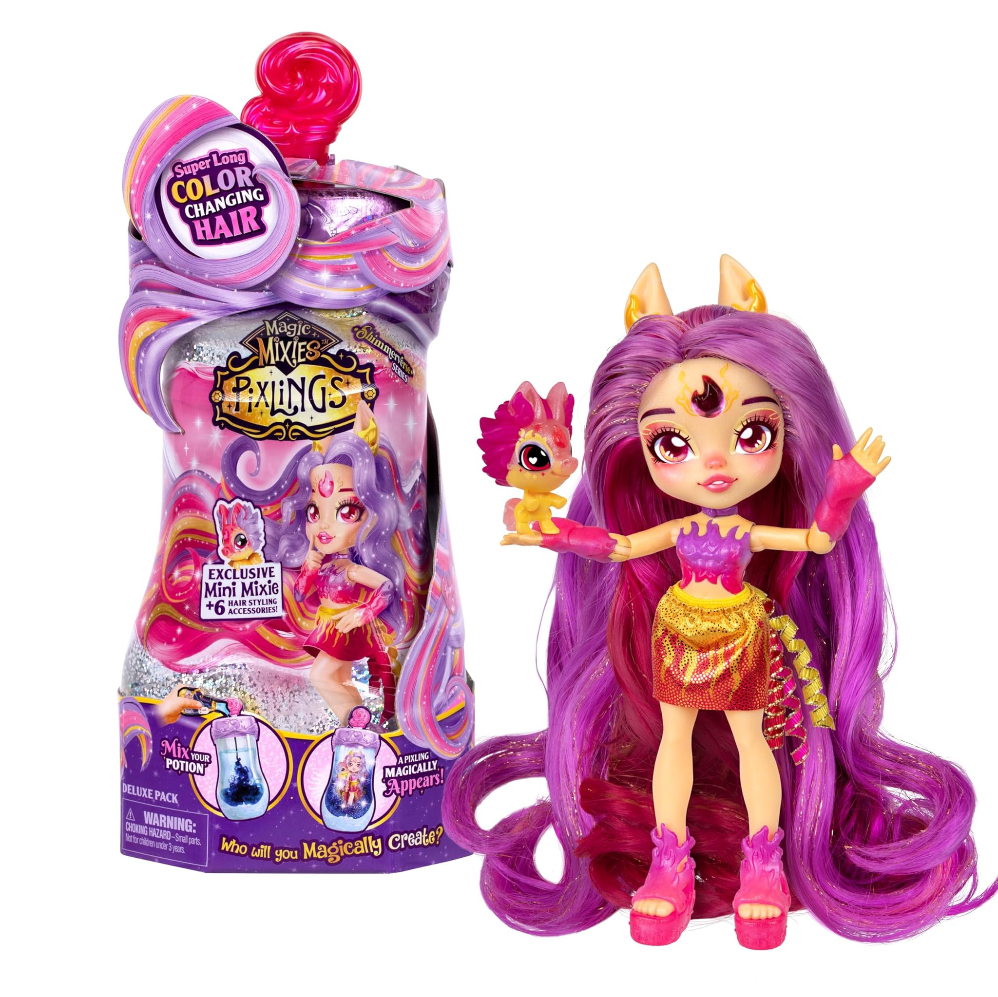 Magic Mixies - Pixlings Confezione deluxe Pippa il cavallo di fuoco Pixling ora con Shimmer Reveal! Crea e mescola una pozione magica che rivela magicamente una bella bambola Pixling da 16,5 cm