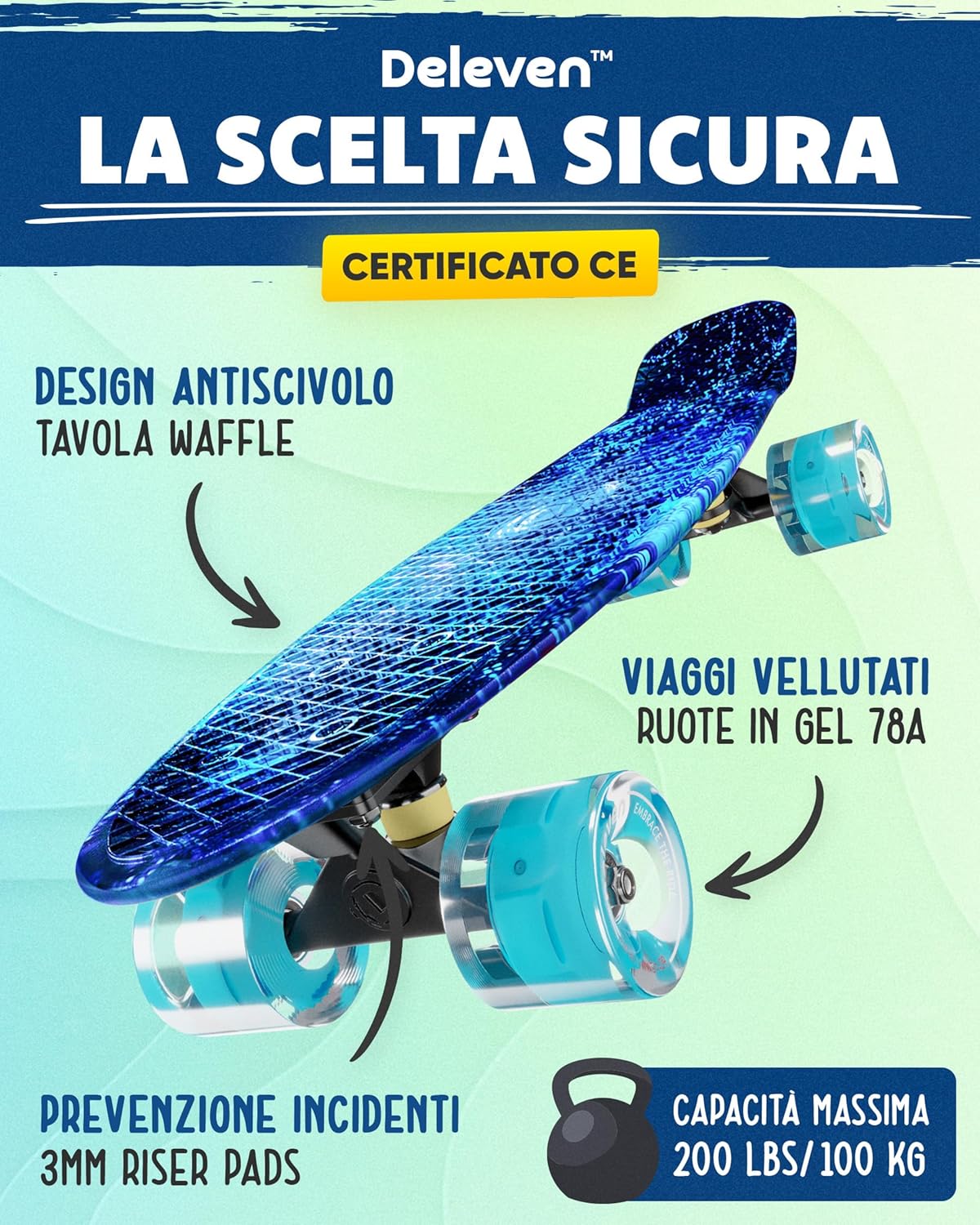 Deleven Skateboard 56cm con Ruote LED - immagine 3