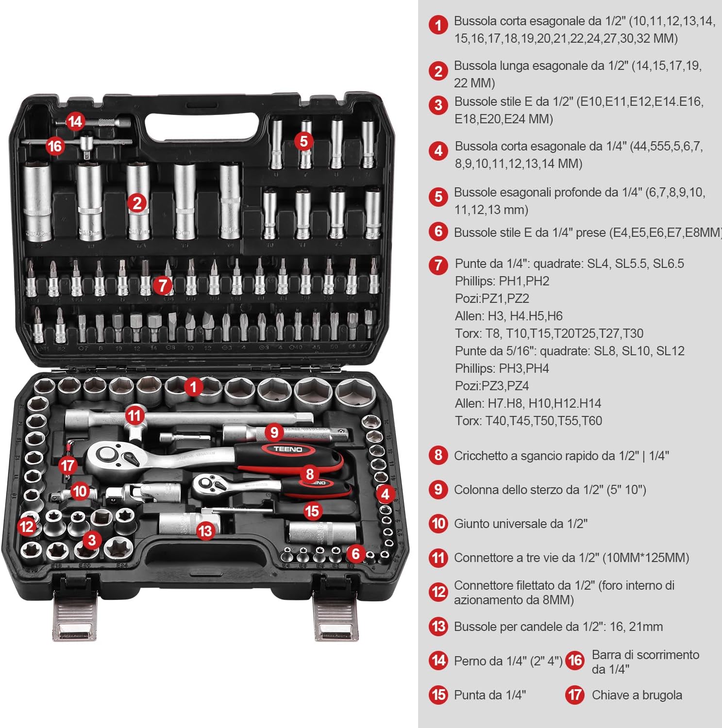 Teeno Set Chiavi e Punte 1/2" e 1/4" 108 Pezzi - immagine 2