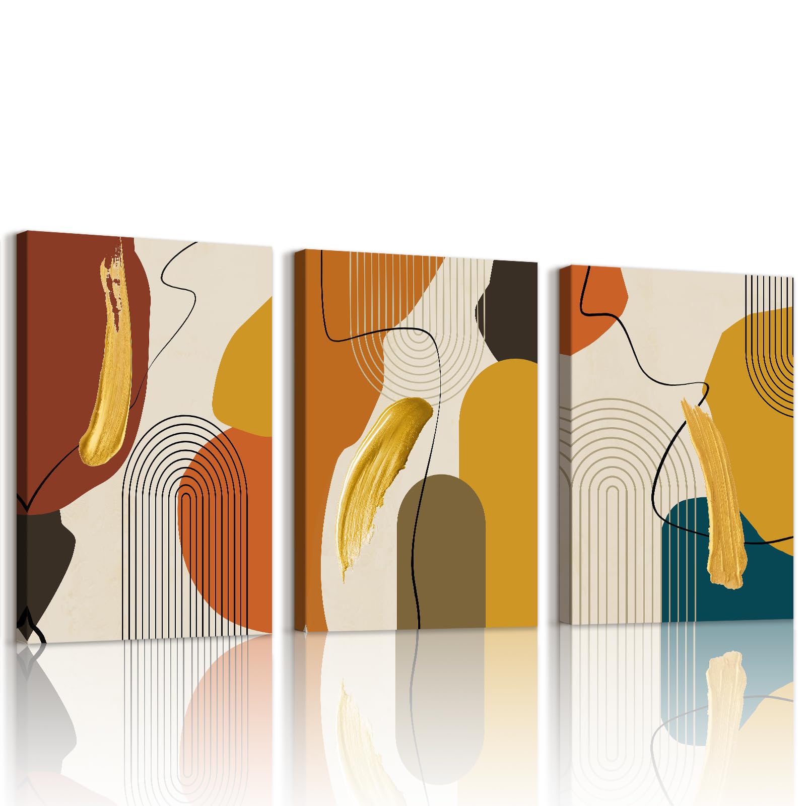 WENGTIAO 3 Pezzi Stampa su Tela Linee Geometrico Nordiche Con Cornice Quadro su Tela Astratto Arancione Oro Beige Verde Pittura Quadro Moderno Soggiorno Camera da Letto Decorazioni Parete 50x70cmx3
