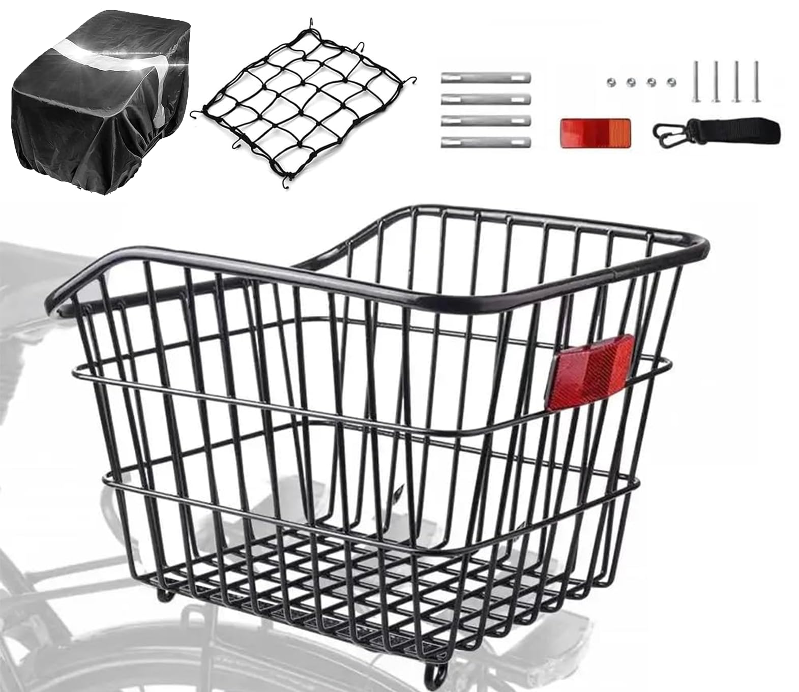 WOOGCSO Cestino per bicicletta posteriore in metallo, grande con copertura impermeabile, riflettente e rete per bagagli per cani di piccola taglia, shopping picnic, zaino per la scuola (38 × 31 × 26