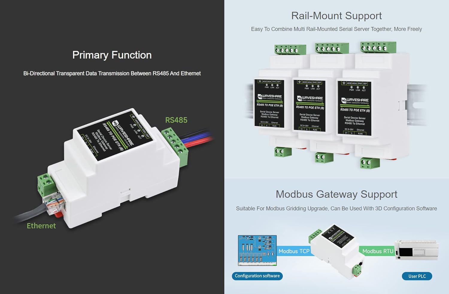 Waveshare Industrial Serial Server RS485 a RJ45 Ethernet (2pz) - immagine 4