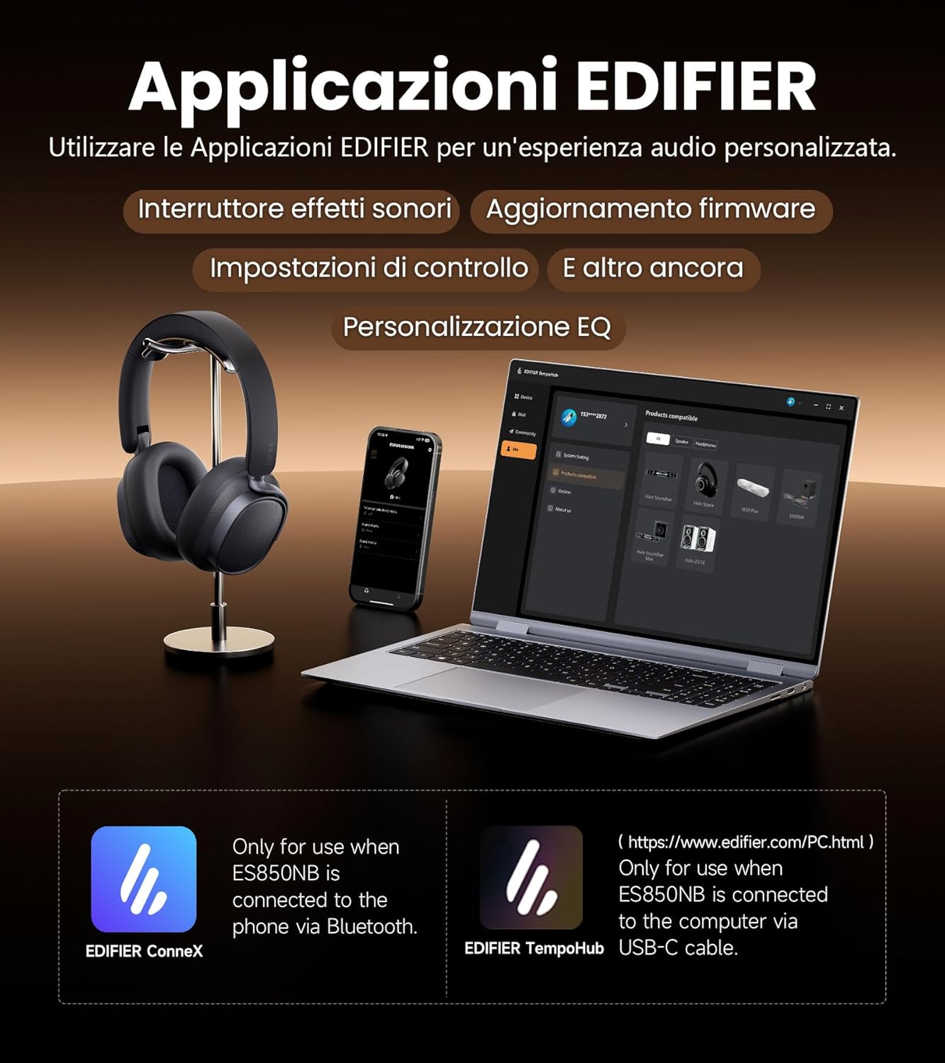 Edifier ES850NB Cuffie Over Ear Wireless 45dB ANC, Nero - immagine 8