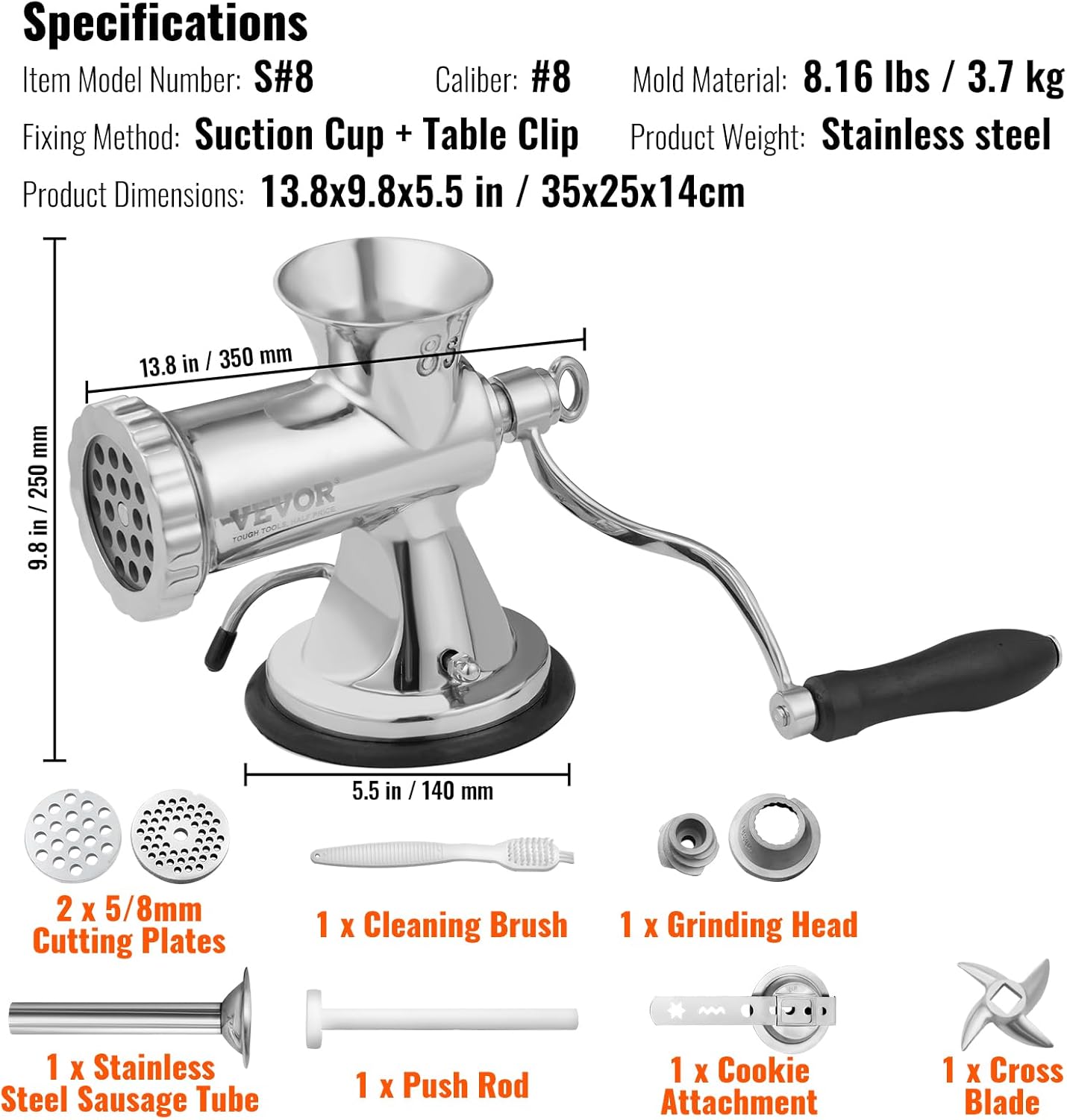 Vevor Tritacarne Manuale Acciaio Inox #8 - immagine 7