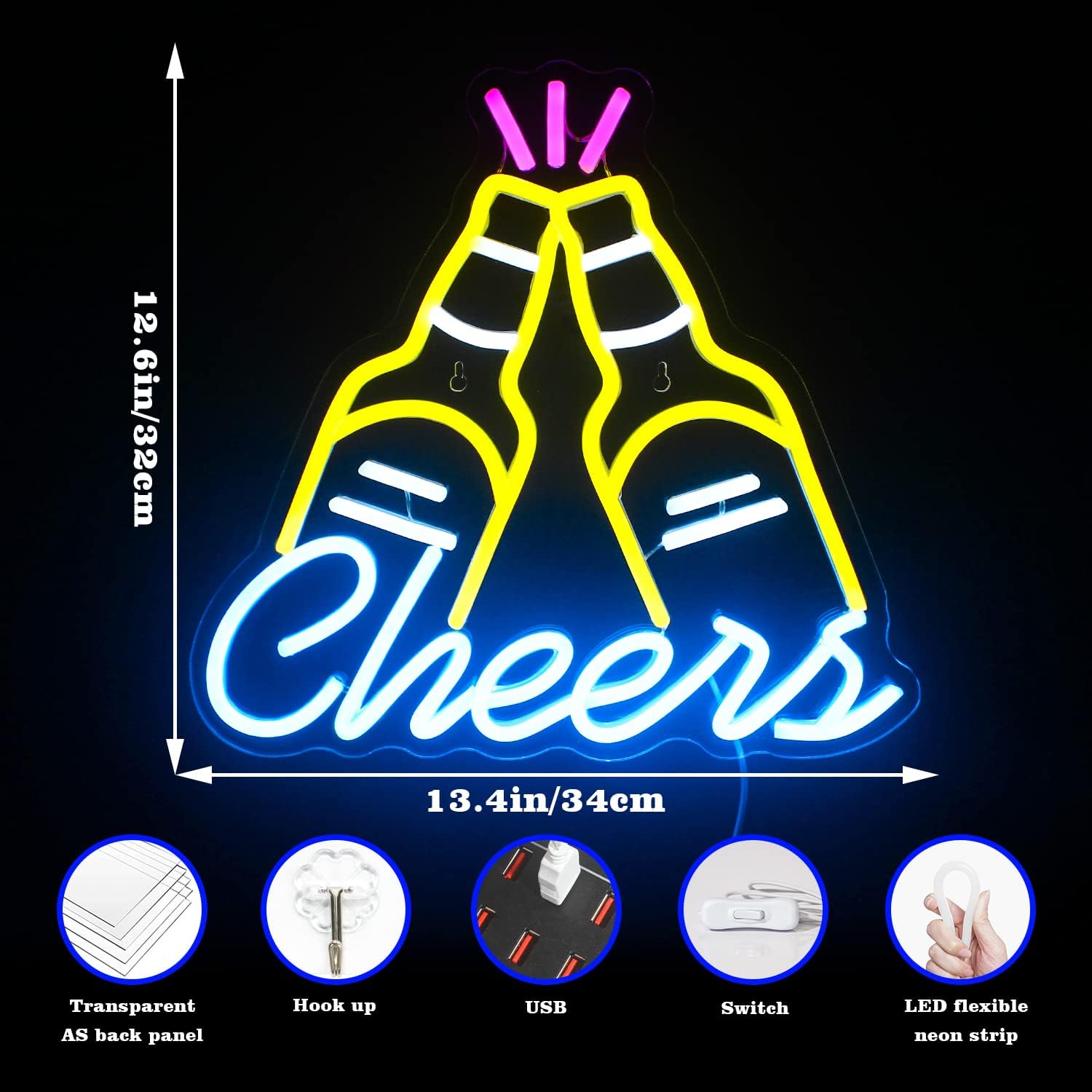 Looklight Birra Cheers Insegna al Neon Giallo Blu LED - immagine 5