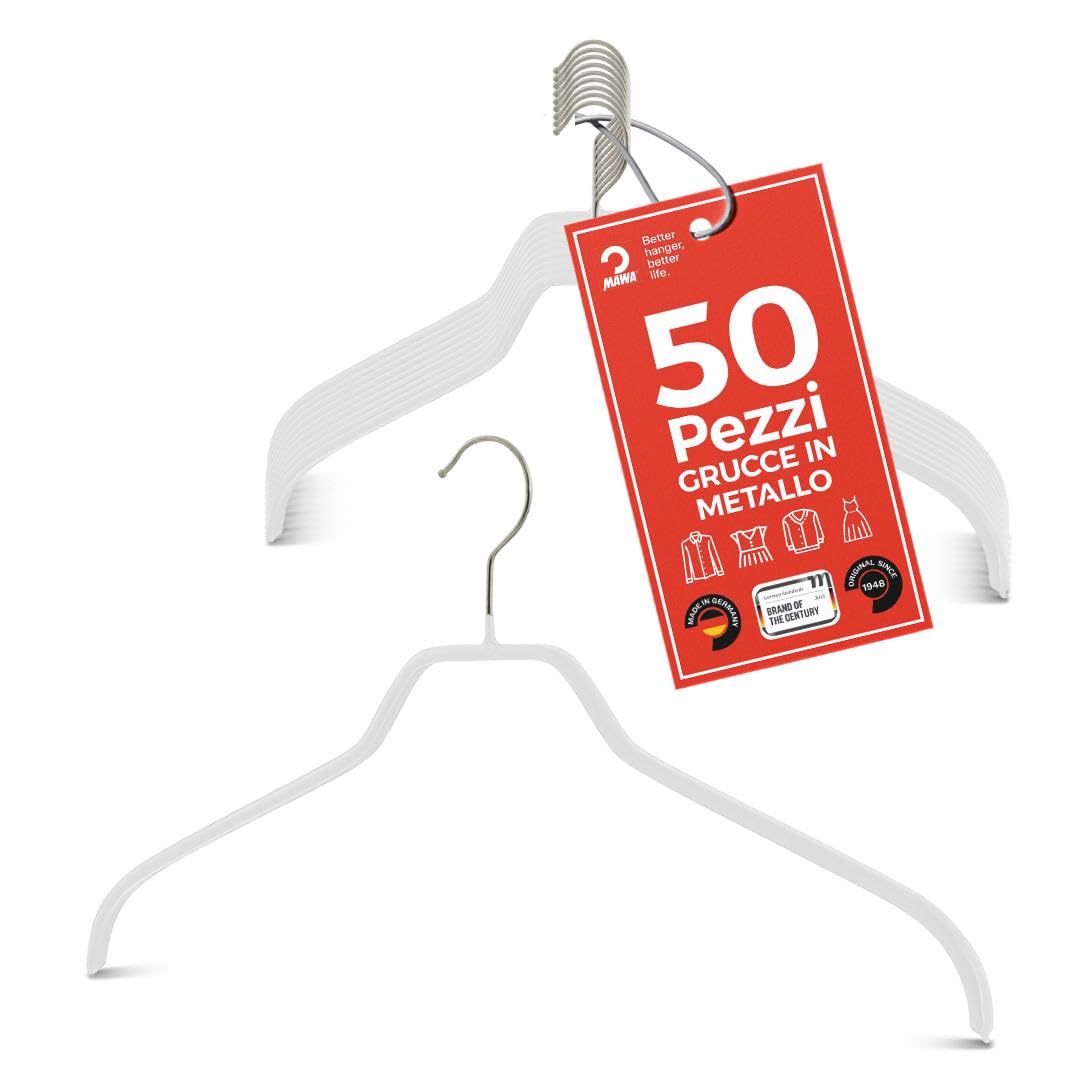 MAWA Grucce Appendiabiti, Set di 50 Grucce Salvaspazio e Antiscivolo, Ideali per Camicie e Bluse, Gancio Girevole 360°, Rivestimento Antiscivolo, 45 cm, Bianco