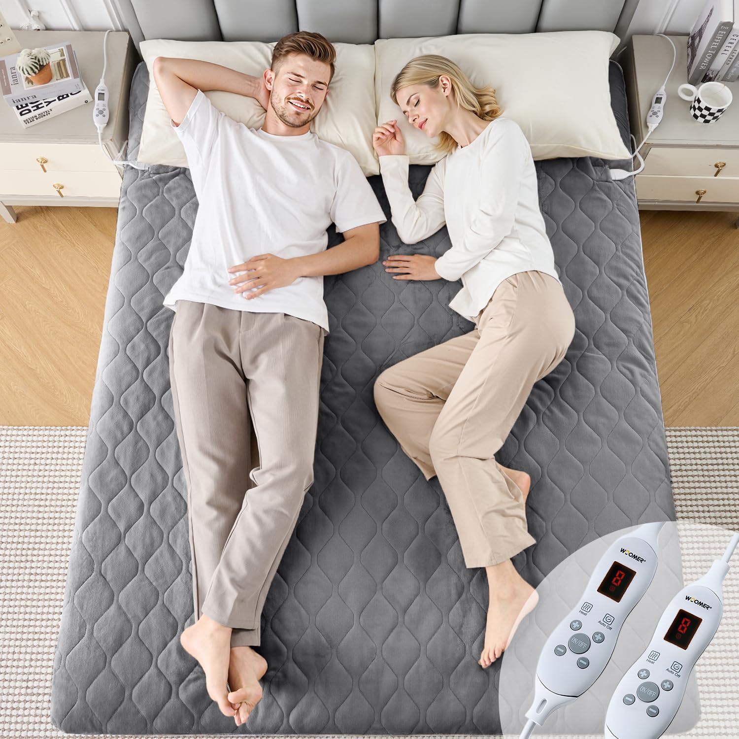 WOOMER Coprimaterasso elettrico grigio scuro, 200 g/m², 5 strati, 10 livelli di riscaldamento, timer da 12 ore, cavo da 5,8 m, lavabile (grigio scuro, 135 × 190 cm)