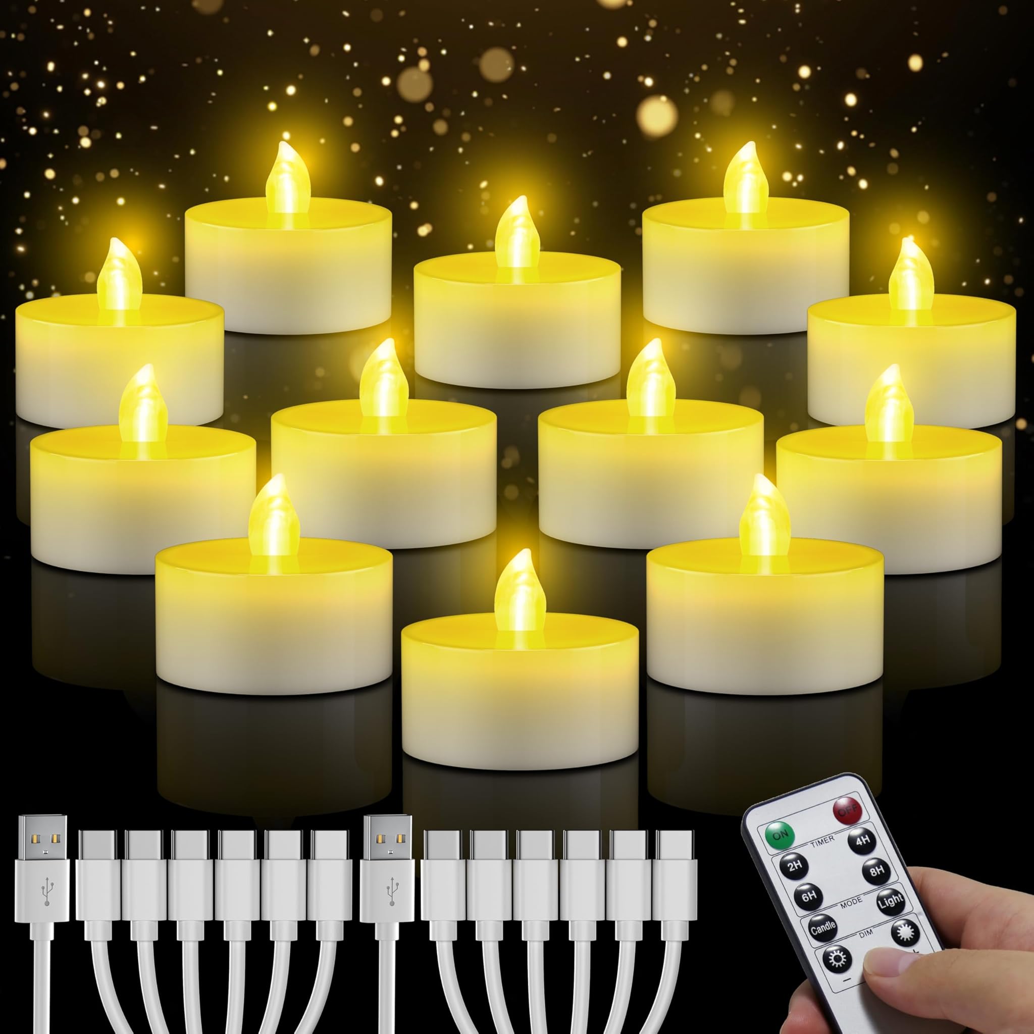 Candele a LED ricaricabili, 12 pezzi, senza fiamma, con telecomando, funzione timer, ricaricabili USB, per matrimoni, Halloween, Natale, decorazione per la casa