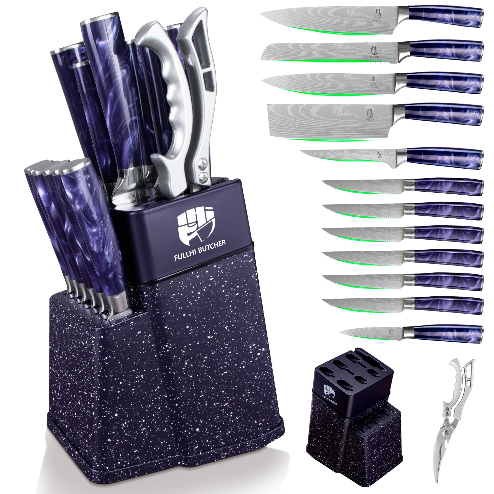 Fullhi Set Coltelli da Chef 14 Pezzi con Blocco e Affilatoio