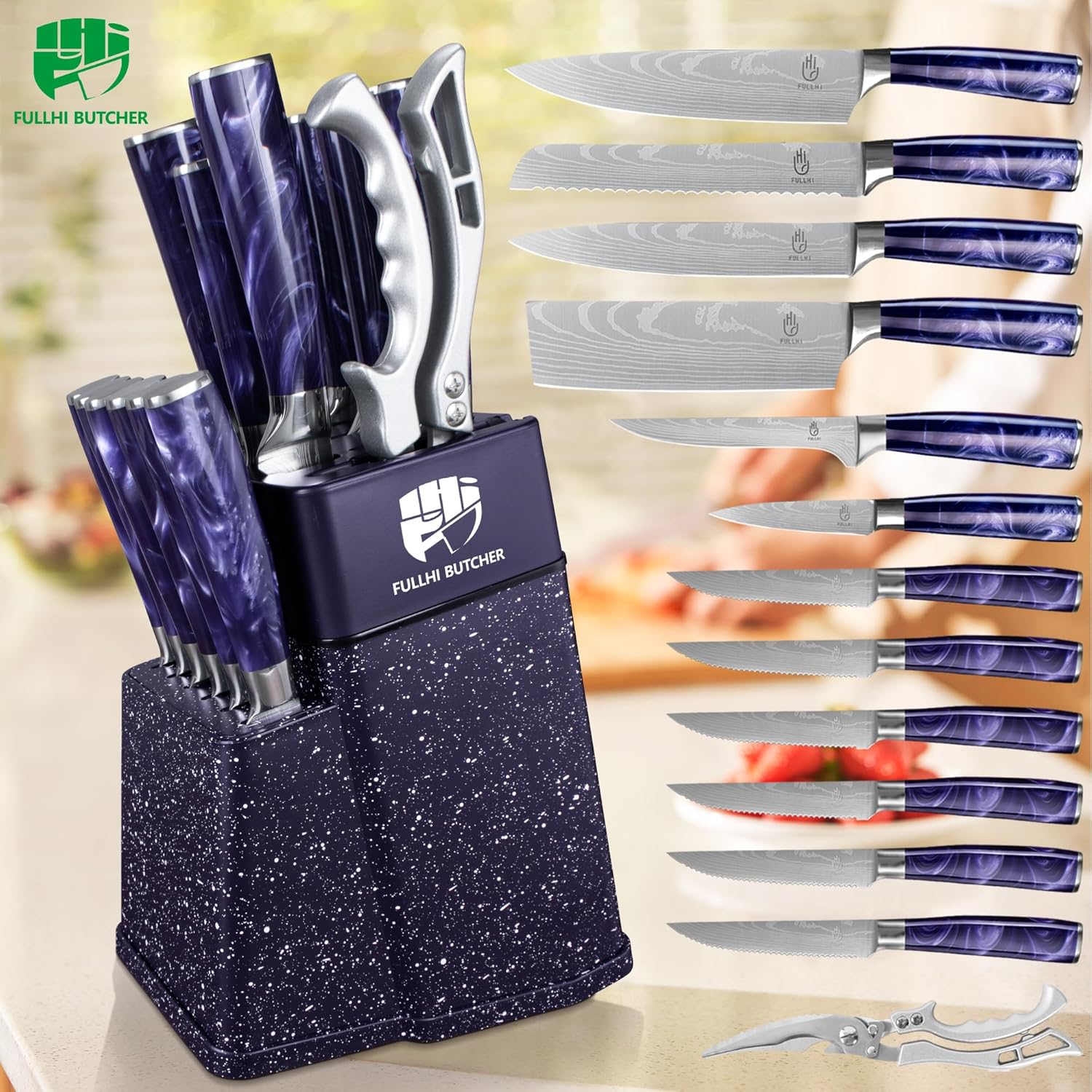 Fullhi Set Coltelli da Chef 14 Pezzi con Blocco e Affilatoio - immagine 7