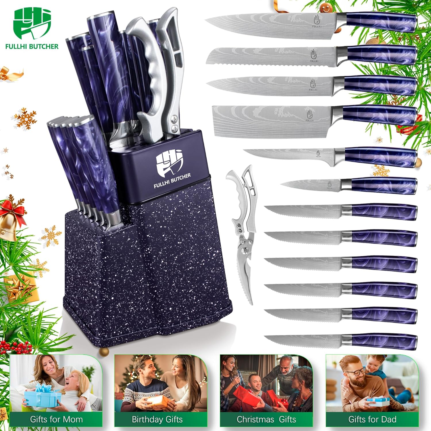 Fullhi Set Coltelli da Chef 14 Pezzi con Blocco e Affilatoio - immagine 8