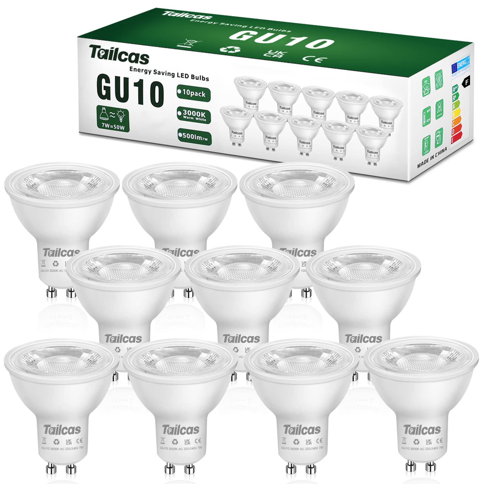 Lampadine LED GU10 7W (10 Pezzi) Luce Bianca Calda 3000K