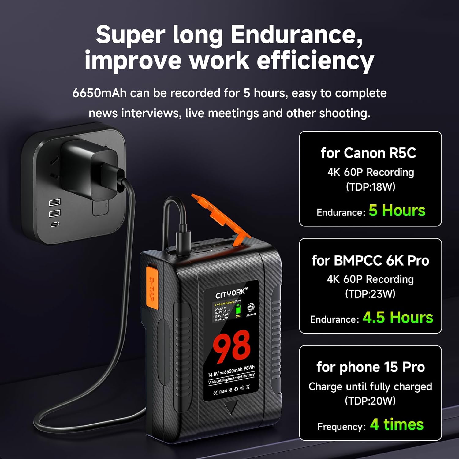 Cityork Batteria V Mount 98Wh 14,8V con OLED Screen - immagine 4