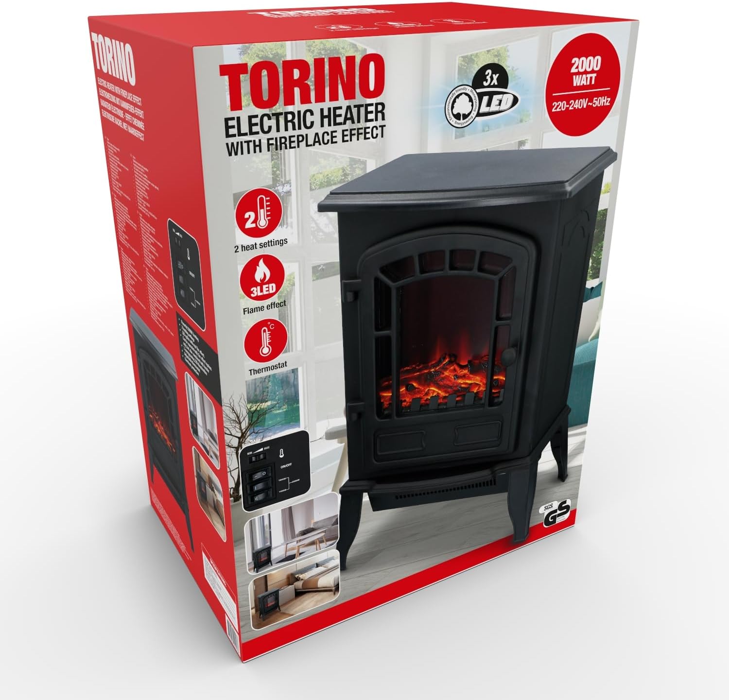 Classic Fire Torino - Caminetto Elettrico 2000W, Nero - immagine 2