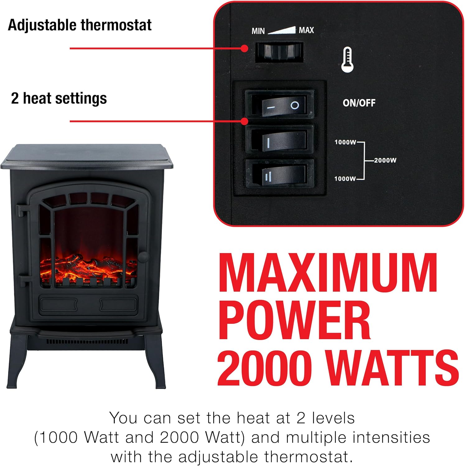 Classic Fire Torino - Caminetto Elettrico 2000W, Nero - immagine 6