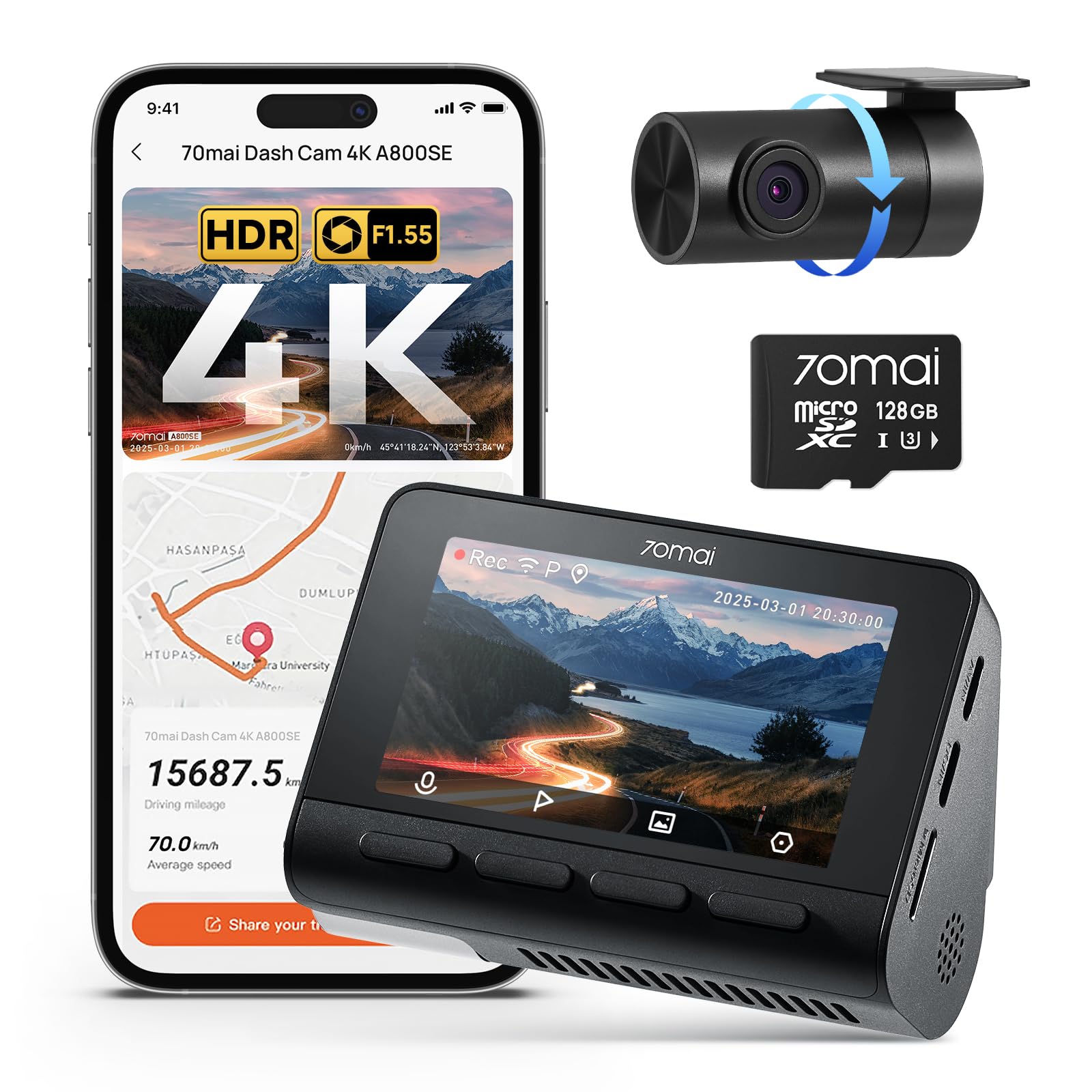 70mai A800SE Dashcam 4K+1080P GPS WiFi con SD 128GB