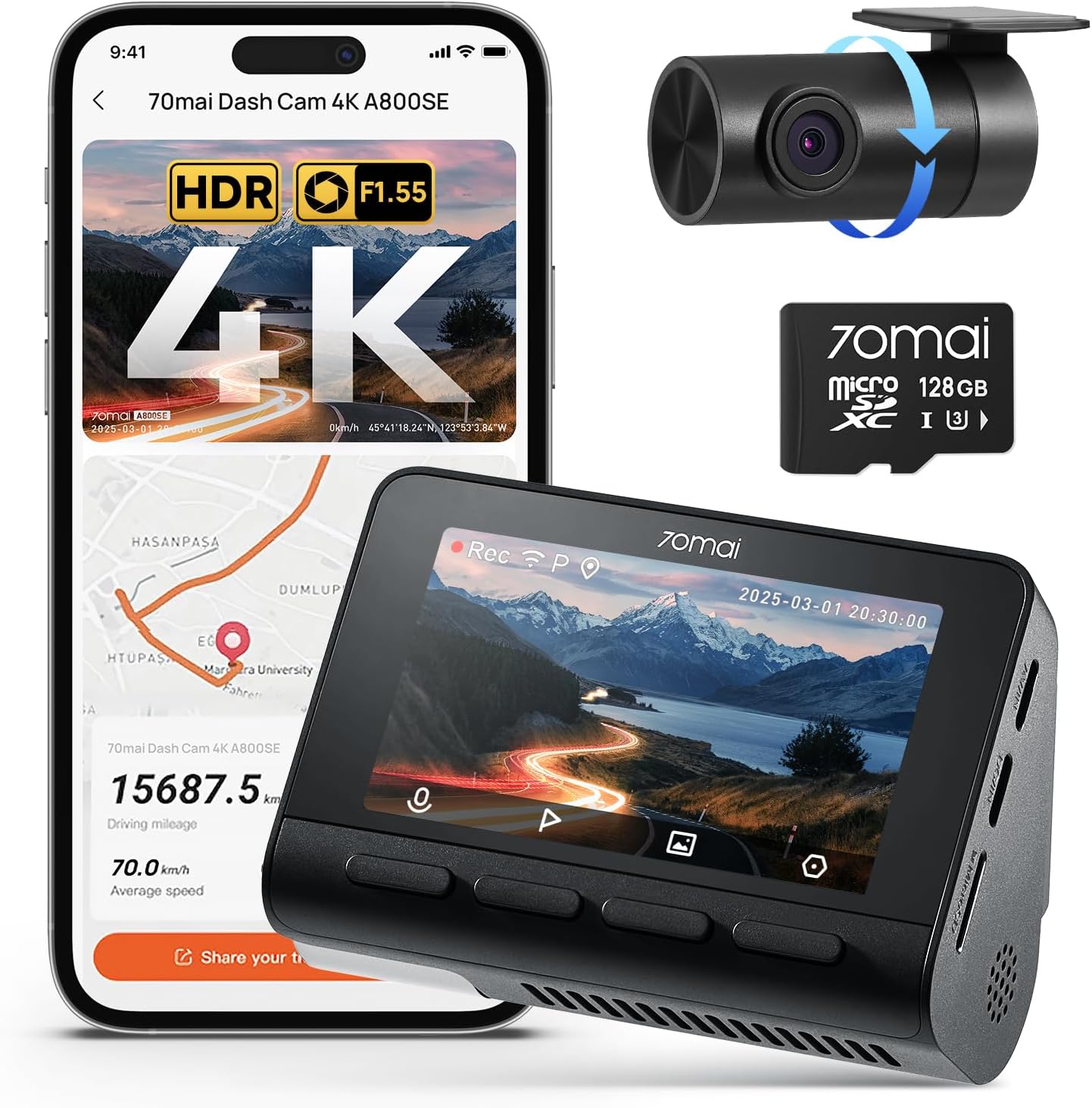 70mai A800SE Dashcam 4K+1080P GPS WiFi con SD 128GB - immagine 1