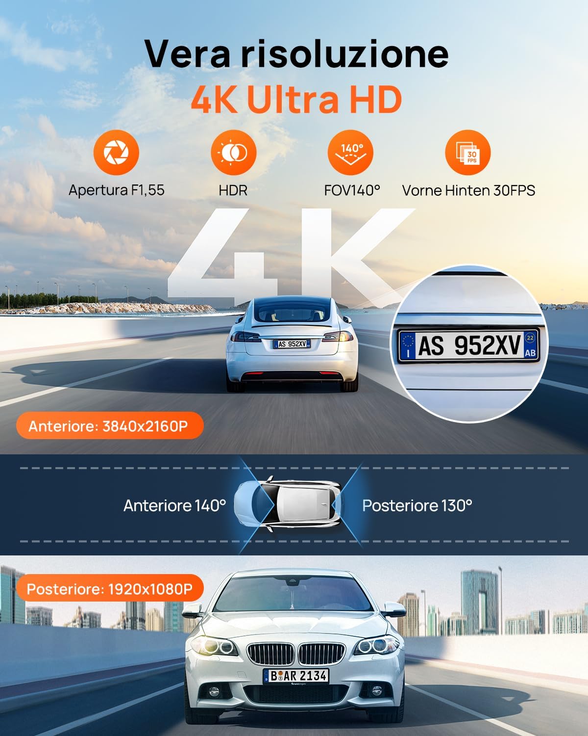 70mai A800SE Dashcam 4K+1080P GPS WiFi con SD 128GB - immagine 2