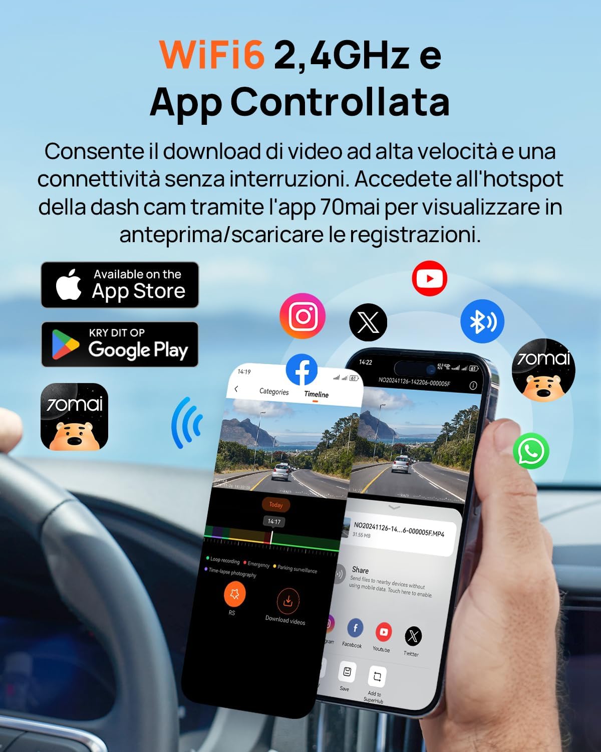 70mai A800SE Dashcam 4K+1080P GPS WiFi con SD 128GB - immagine 7