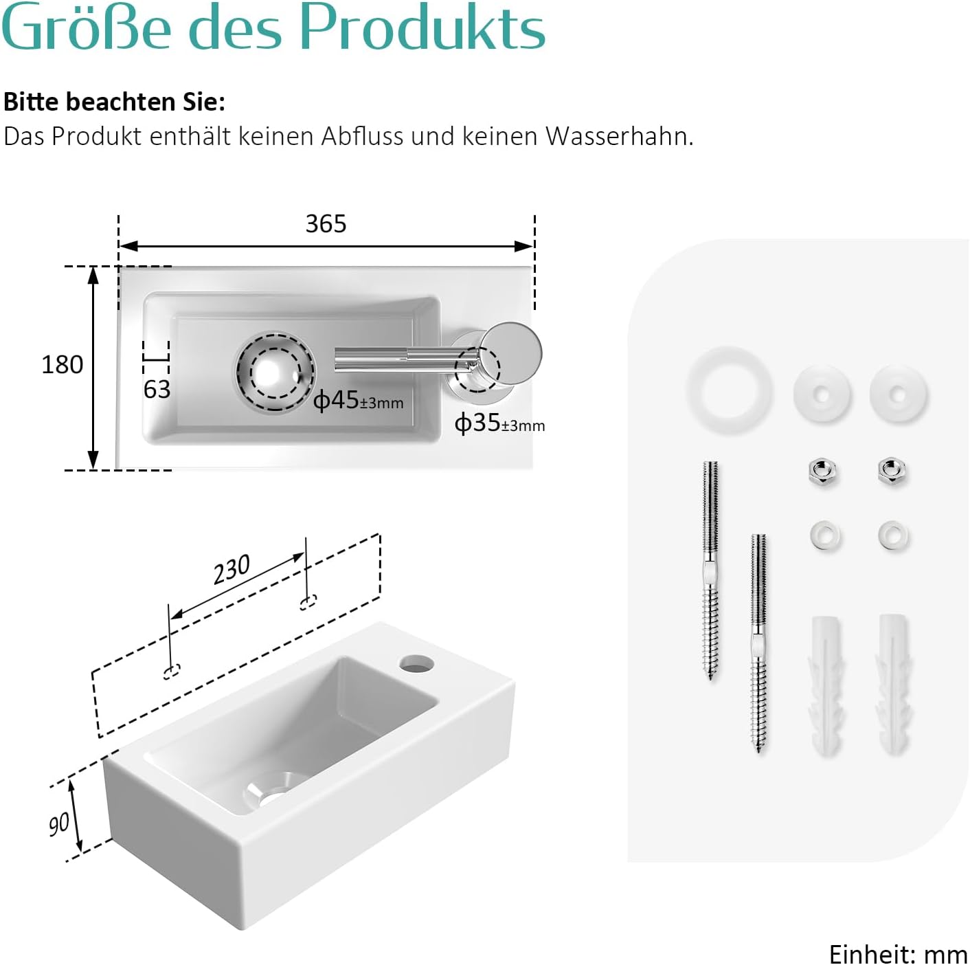 Emke Mini Lavabo Sospeso per Bagno 36 × 18 × 9 cm - immagine 7