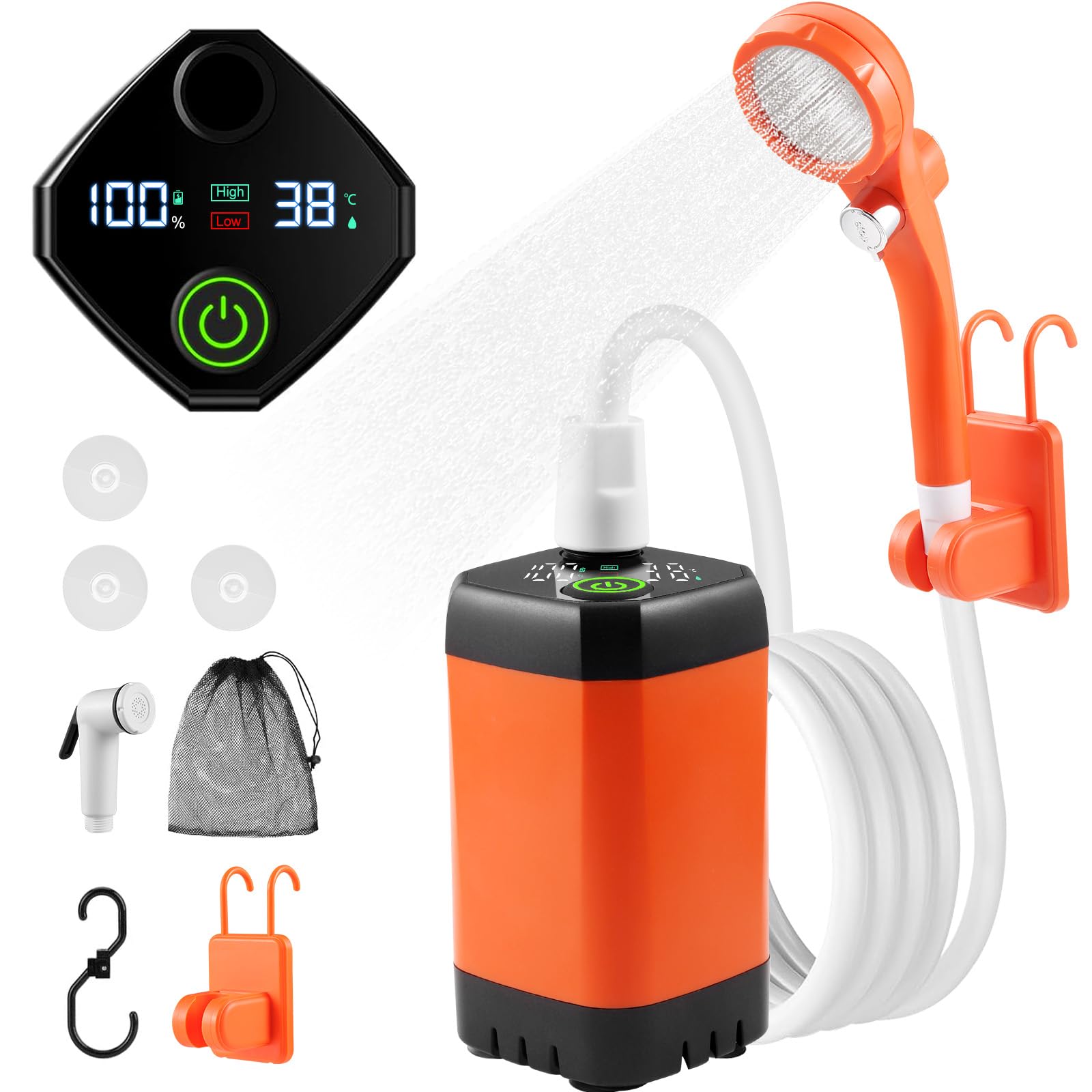 Towwoo Doccia portatile Camper, pompa doccia con schermo di temperatura e potenza, 7800 mAh, soffione doccia esterno per campeggio, piante da giardino, lavaggio auto e cane