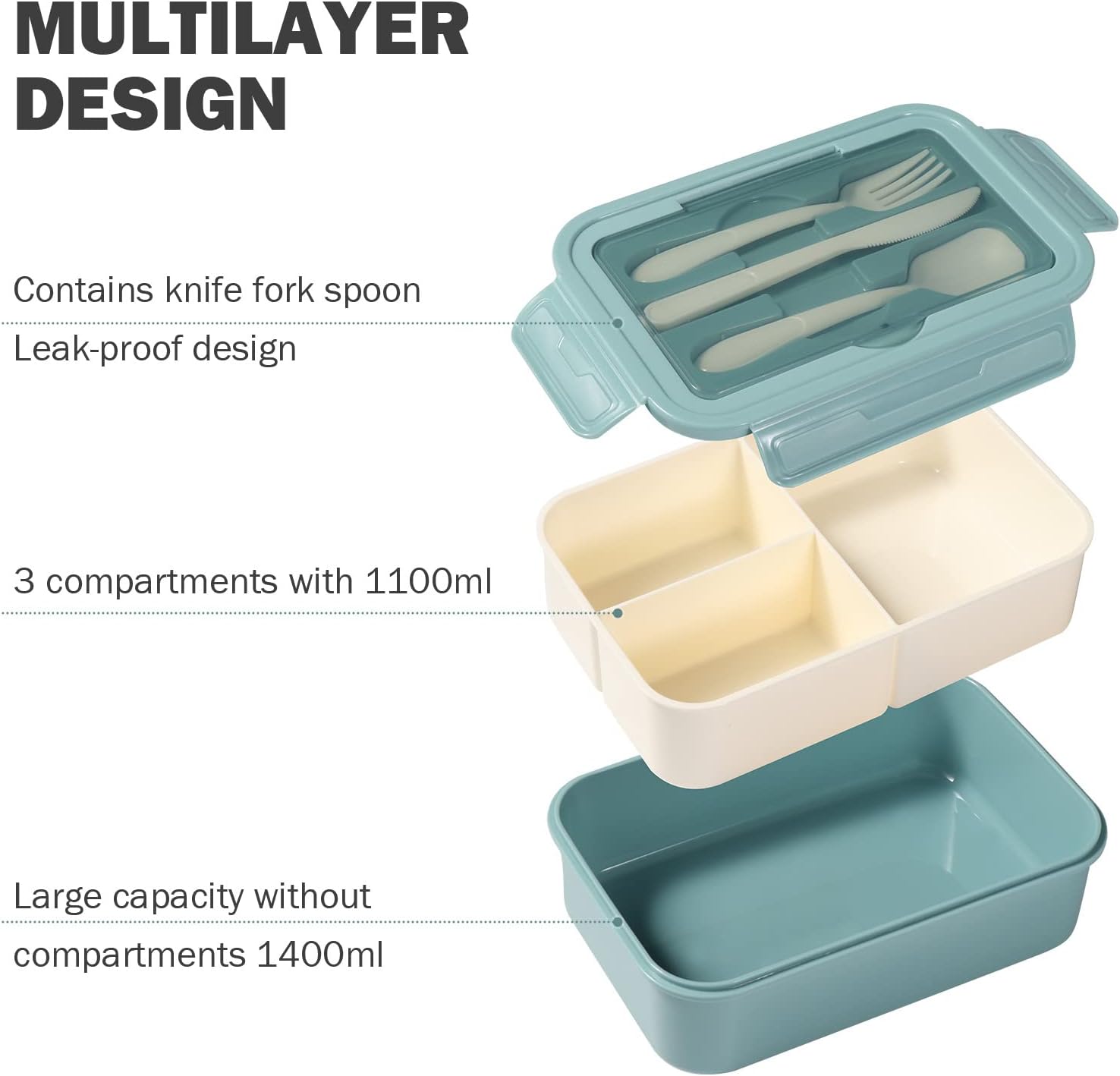 Diboniur Lunch Box 1400ml con Posate, Blu - immagine 5