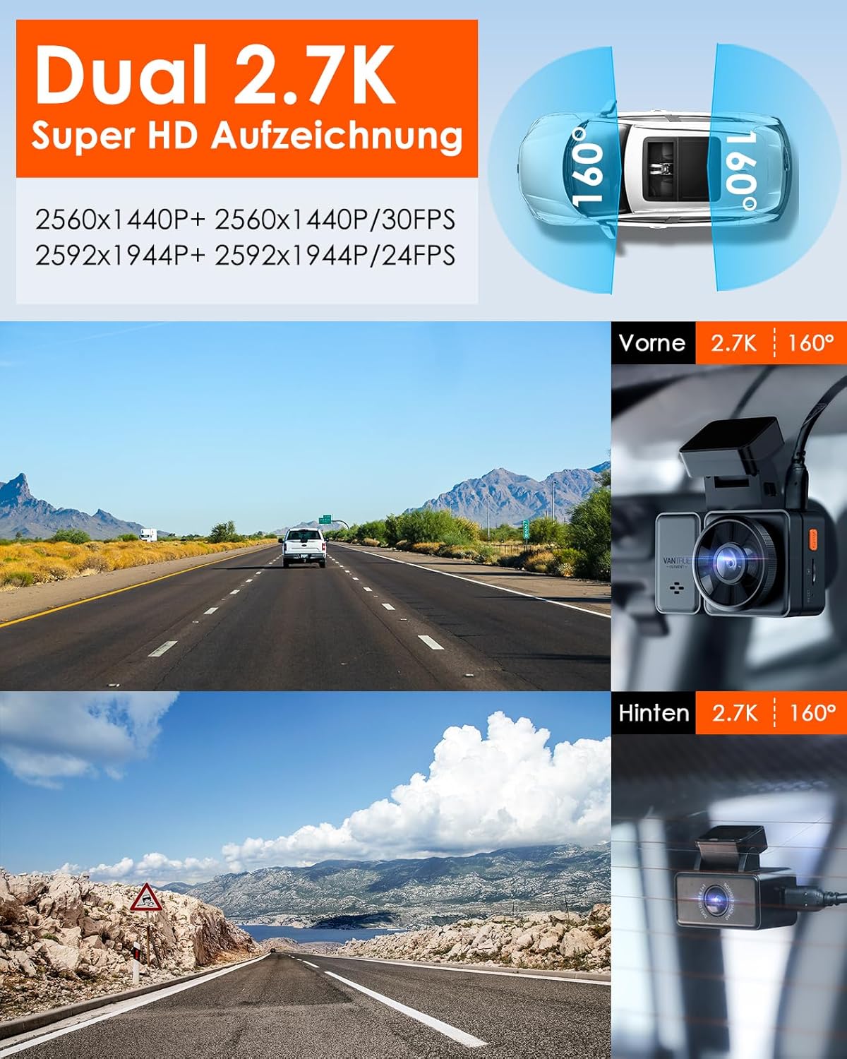 Vantrue E2 - Dash Cam Doppia 2.7K+2.7K - immagine 2