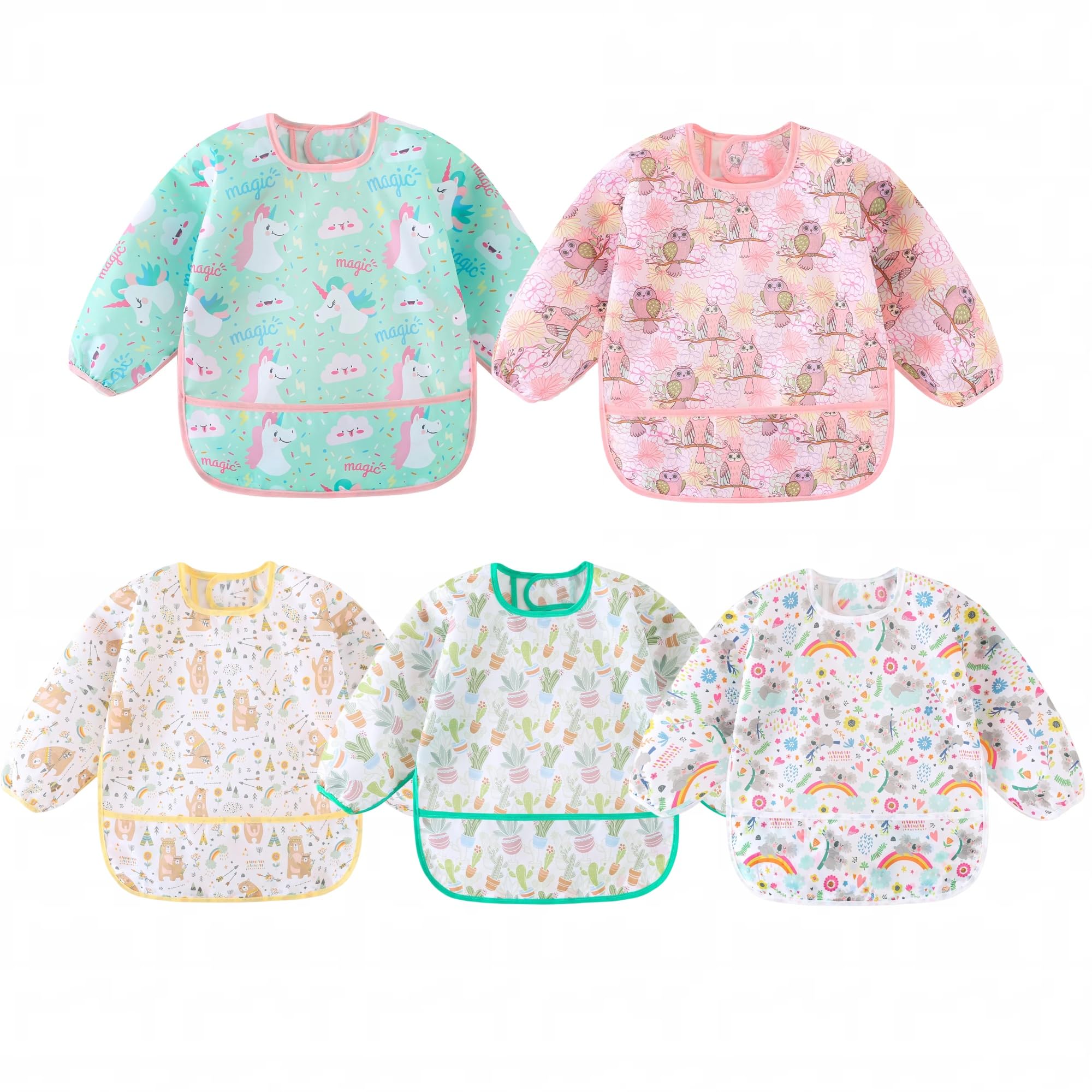 Bambini Bavaglino a Manica Lunga,Set di 5,Impermeabile Lavabile Grembiule per 3-30 Mesi