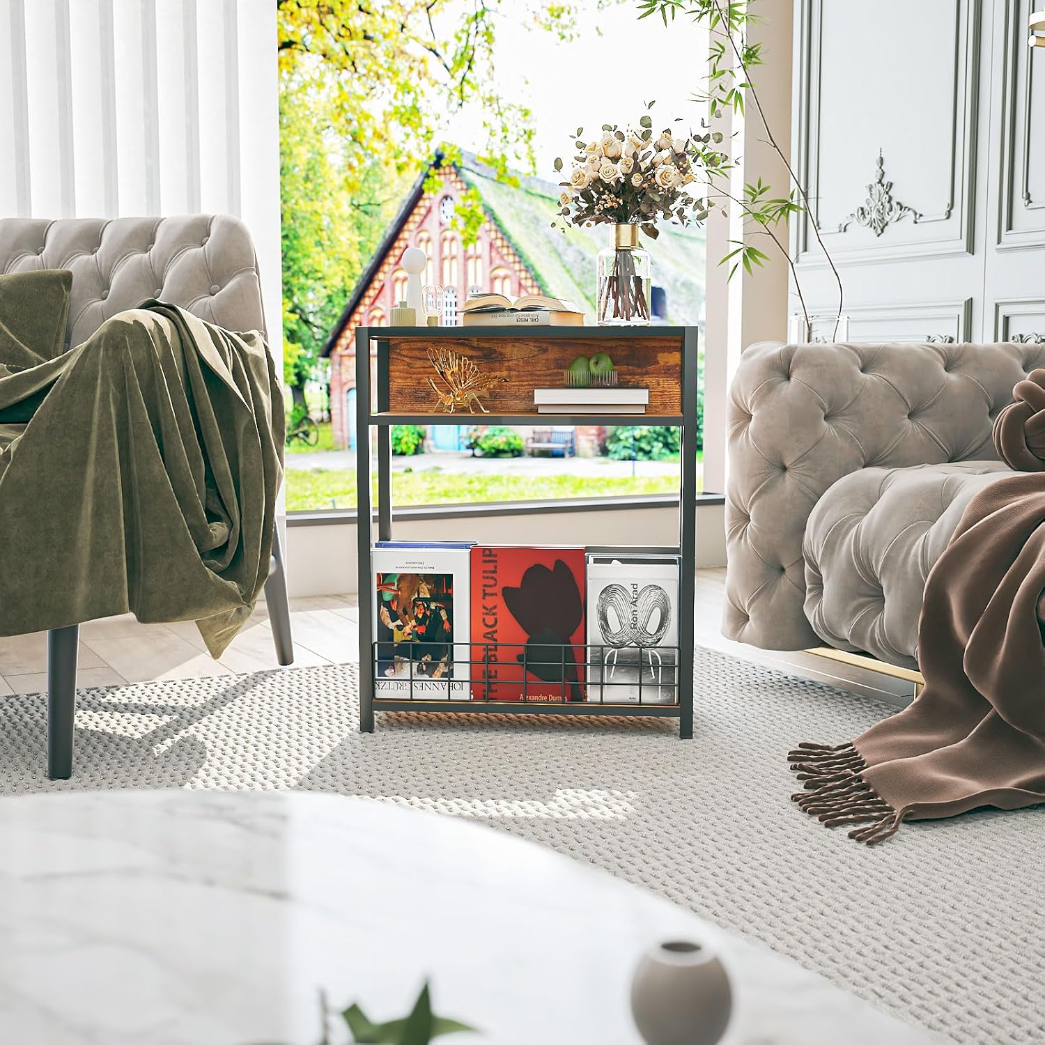 Ibuyke Tavolino Piccolo 3 Ripiani con Portaoggetti, Marrone - immagine 2