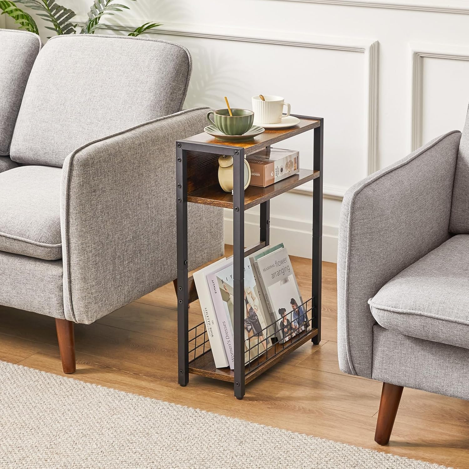 Ibuyke Tavolino Piccolo 3 Ripiani con Portaoggetti, Marrone - immagine 5