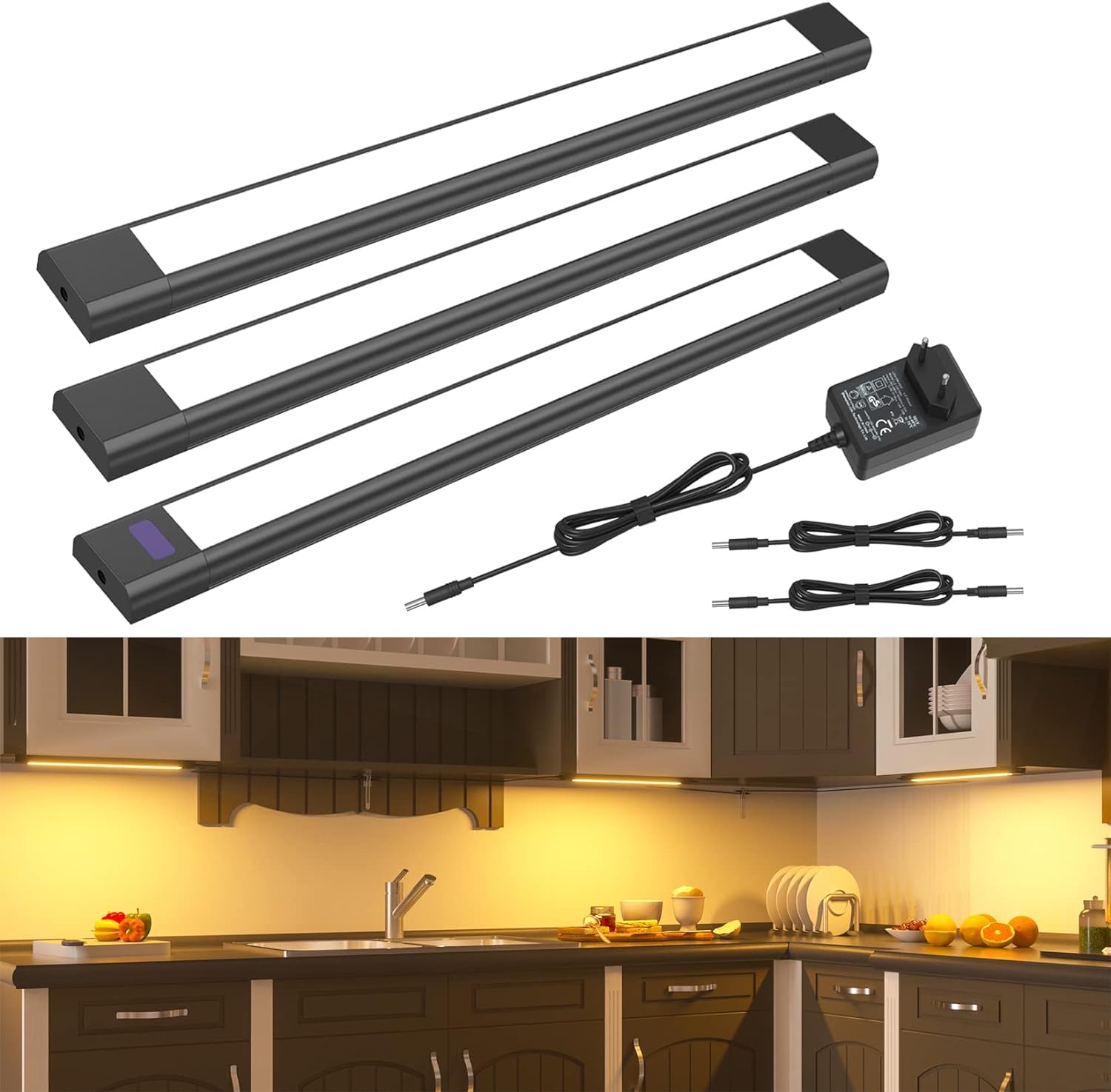 WOBANE Luce Led Sottopensile Cucina, 3 * 30cm Lampada per Cucina Dimmerabile con Sensore, Strisce Led Cucina Sottopensile con Presa per Sotto Mensola,Scaffali,Armadio, Bianco Caldo 2700K, Nero
