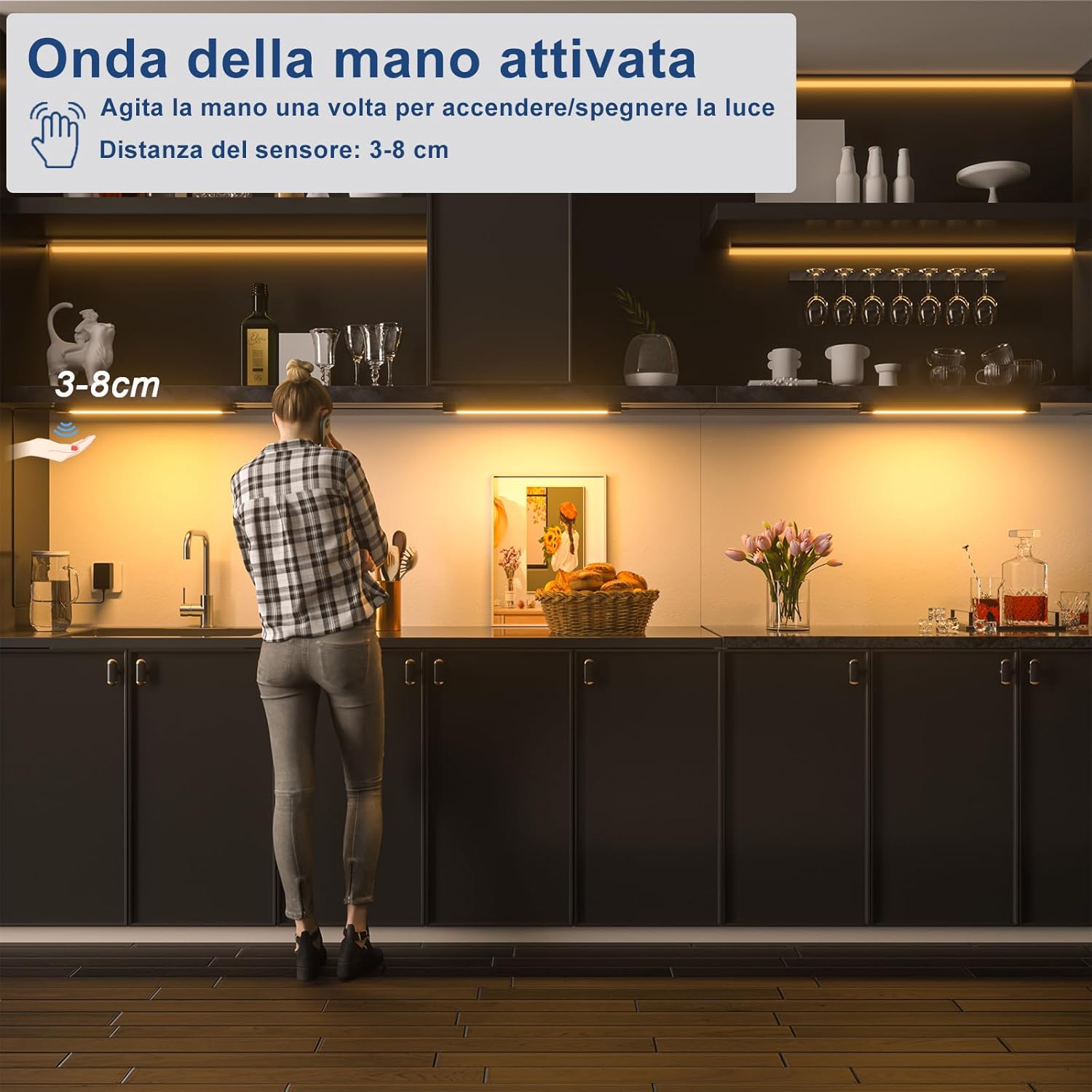 WOBANE Luce Led Sottopensile Cucina, 3 * 30cm Lampada per Cucina Dimmerabile con Sensore, Strisce Led Cucina Sottopensile con Presa per Sotto Mensola,Scaffali,Armadio, Bianco Caldo 2700K, Nero - immagine 2