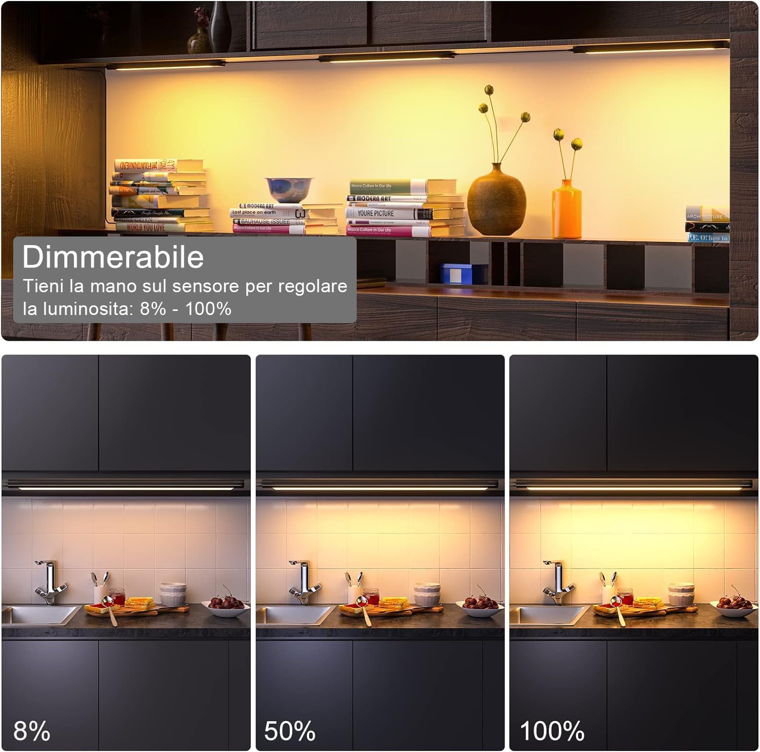 WOBANE Luce Led Sottopensile Cucina, 3 * 30cm Lampada per Cucina Dimmerabile con Sensore, Strisce Led Cucina Sottopensile con Presa per Sotto Mensola,Scaffali,Armadio, Bianco Caldo 2700K, Nero - immagine 3