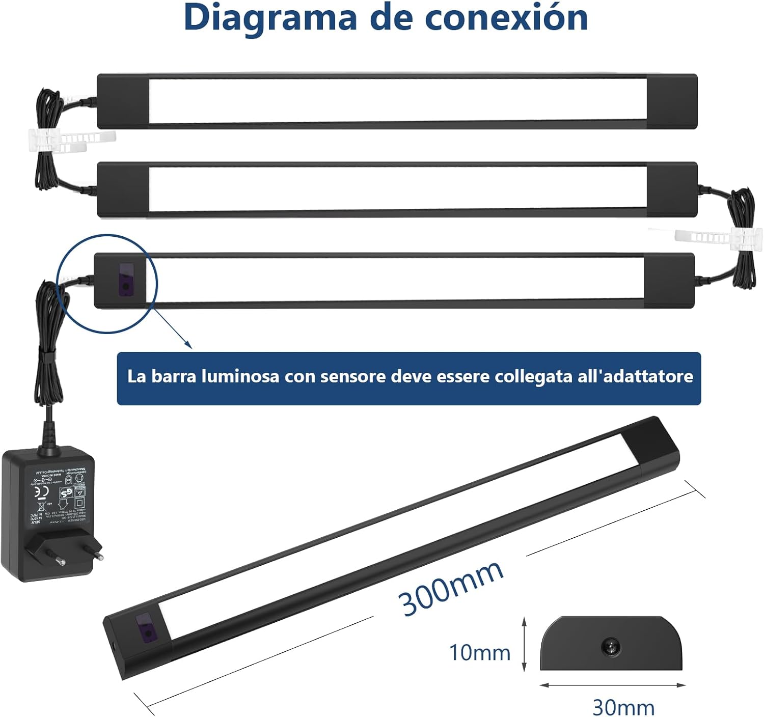 WOBANE Luce Led Sottopensile Cucina, 3 * 30cm Lampada per Cucina Dimmerabile con Sensore, Strisce Led Cucina Sottopensile con Presa per Sotto Mensola,Scaffali,Armadio, Bianco Caldo 2700K, Nero - immagine 4