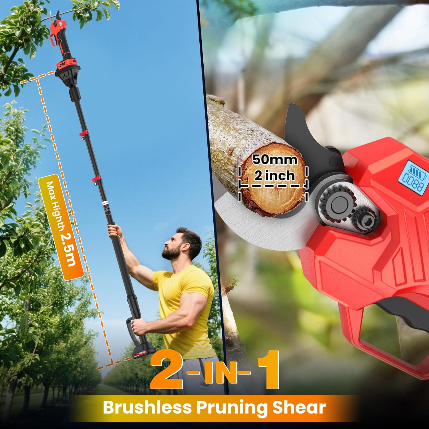 Forbici Potatura a Batteria con Asta 2.5M, 50MM - immagine 2