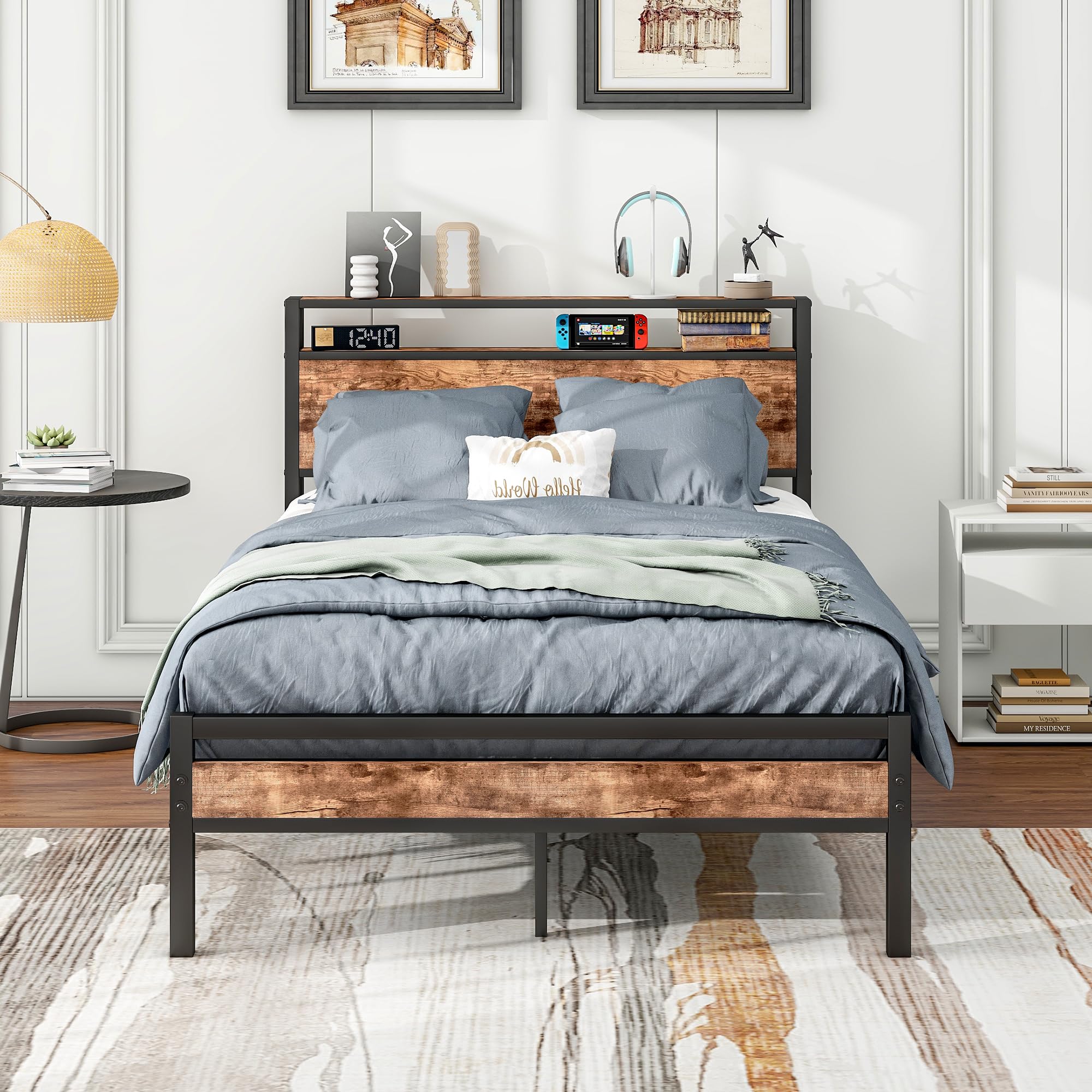 BORPHOM Letto in Metallo 120x200cm, Marrone Vintage e Nero