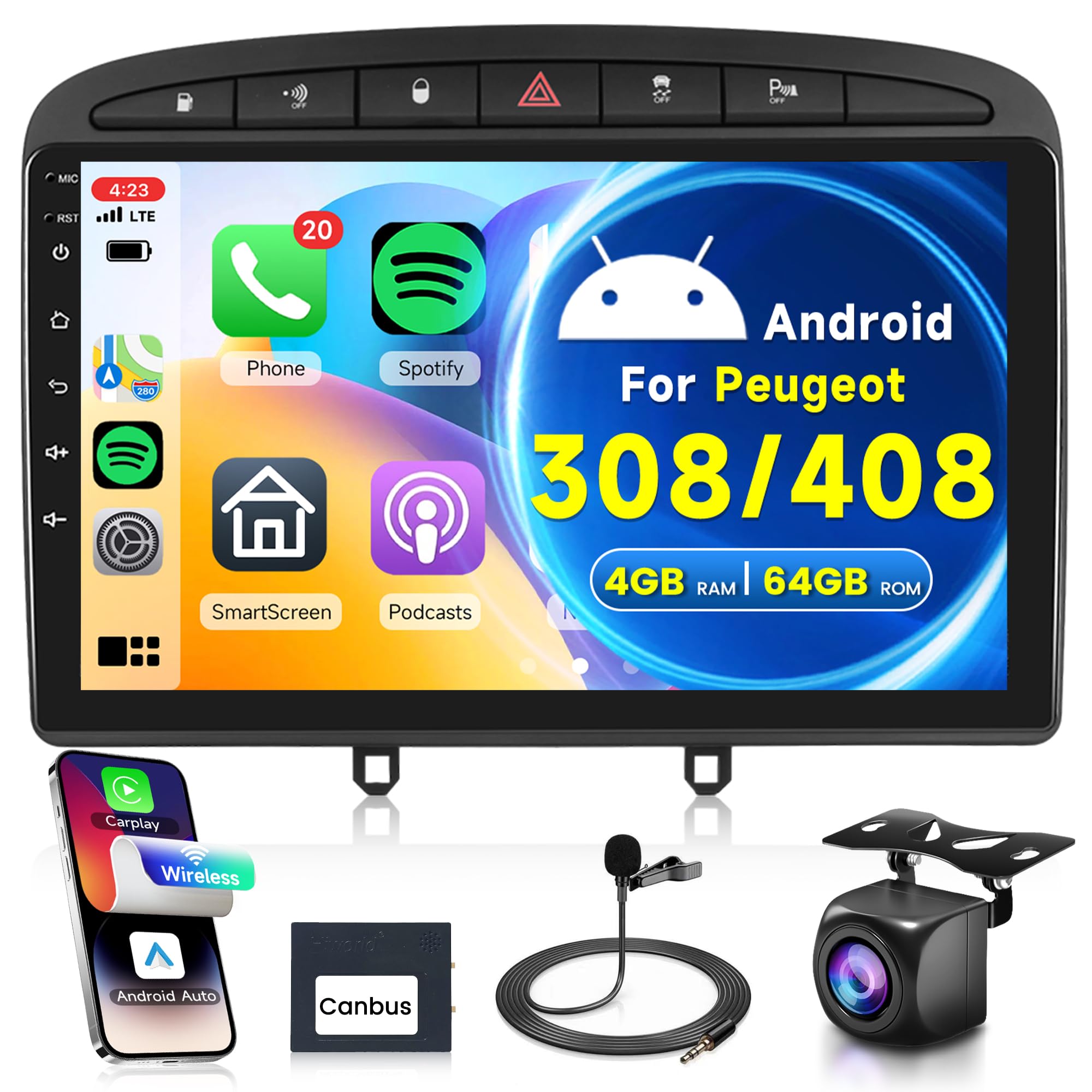 Autoradio 2 Din Android 13 Wireless Carplay 9" per Peugeot 308/408