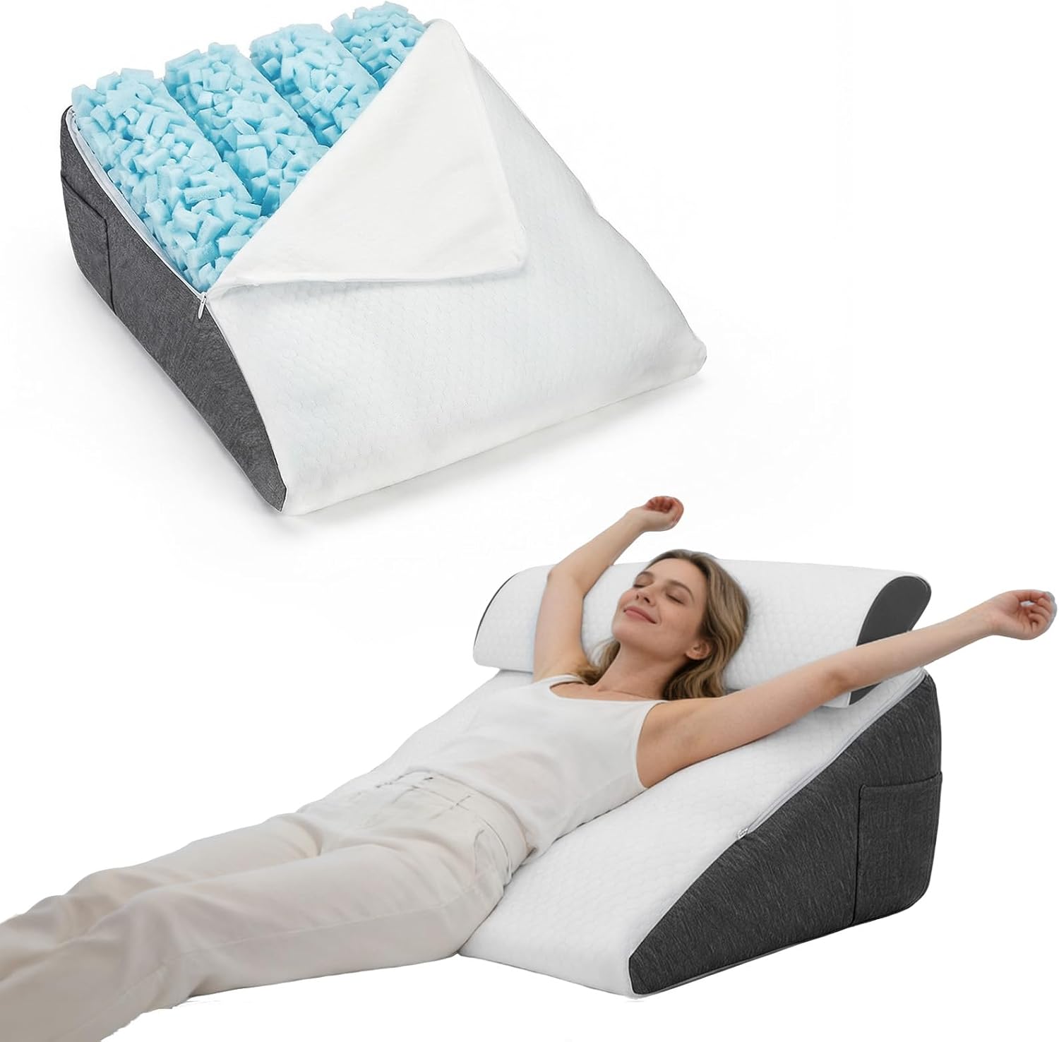 Cuscino a Cuneo con Memory Foam e Cotone, Bianco+Grigio - immagine 1