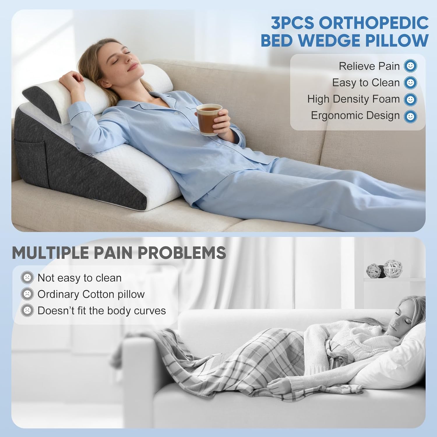 Cuscino a Cuneo con Memory Foam e Cotone, Bianco+Grigio - immagine 4