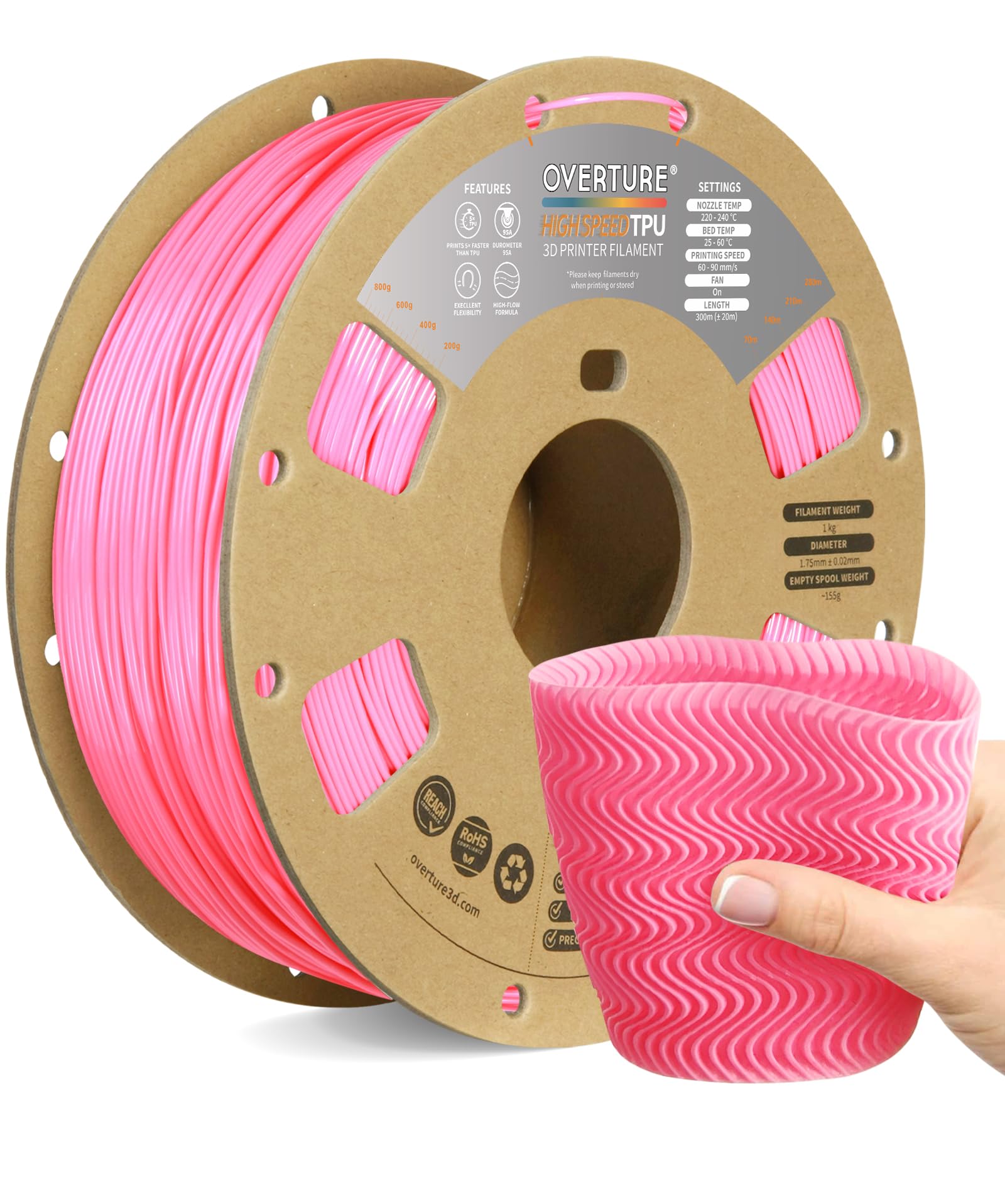 Overture TPU 1,75 mm Filamento Stampante 3D +HS Rosa