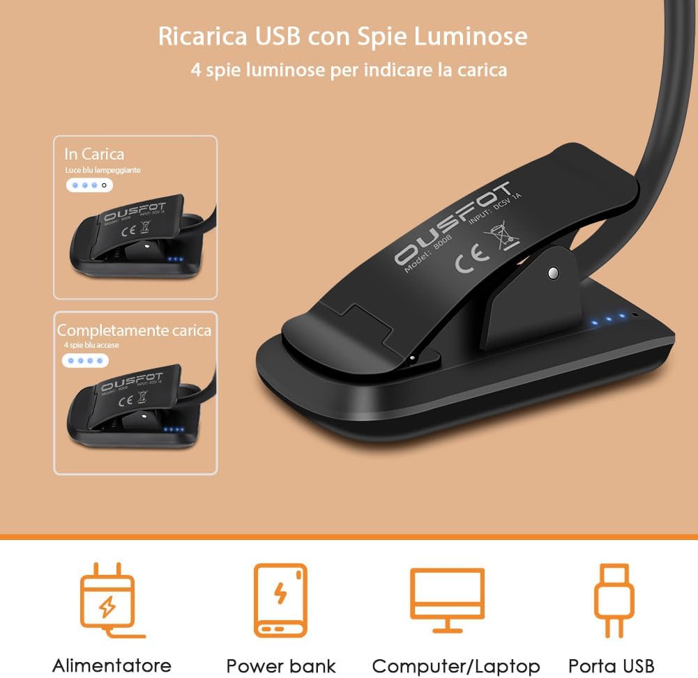 Ousfot Luce per Lettura Libri a Letto 9 LED, USB - immagine 3
