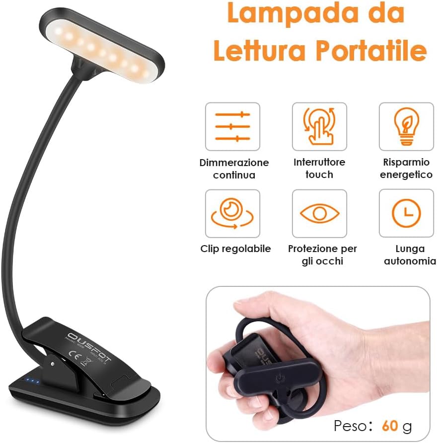 Ousfot Luce per Lettura Libri a Letto 9 LED, USB - immagine 5