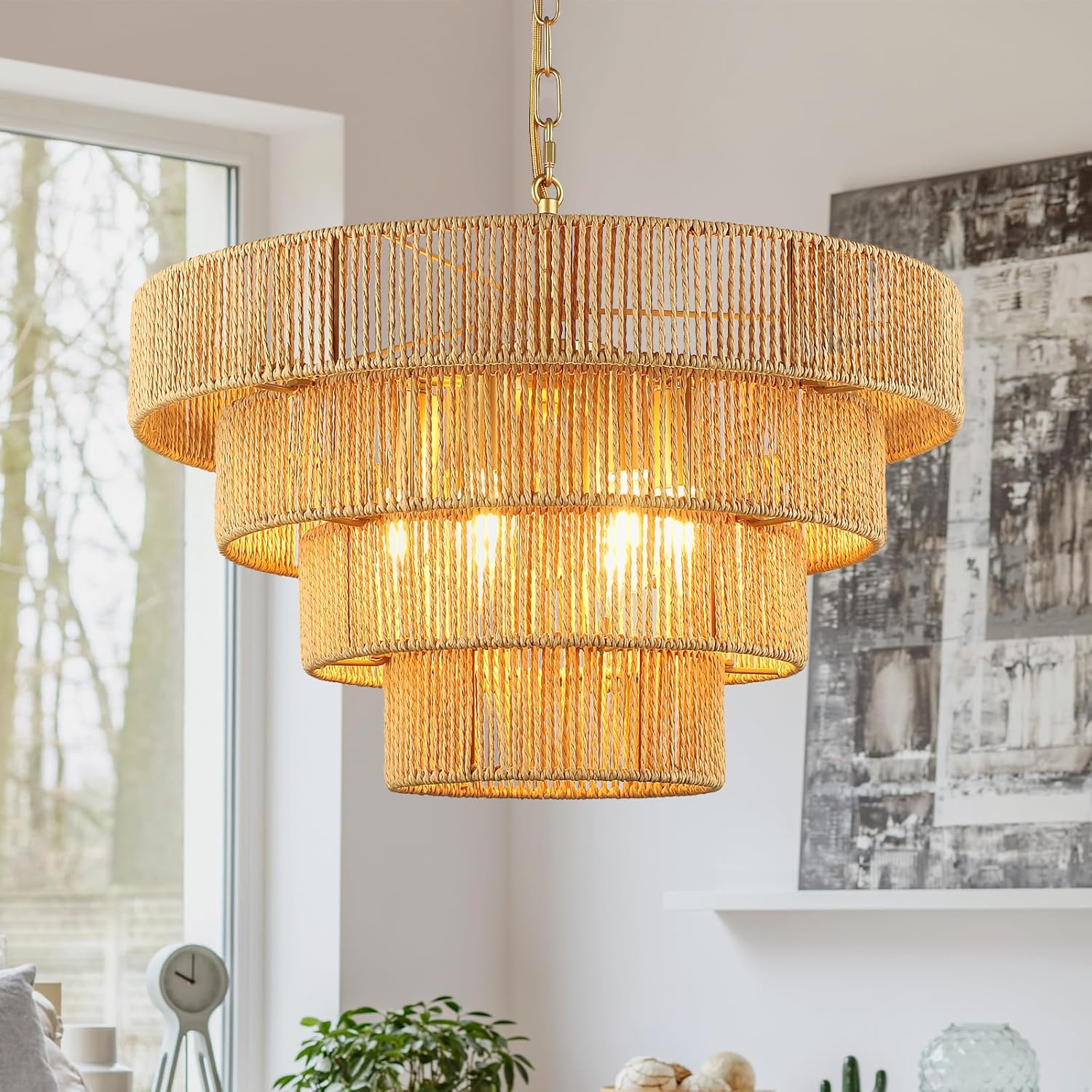Schindora Lampadario Rattan Vintage Boho 50 Cm, Ottone - immagine 1