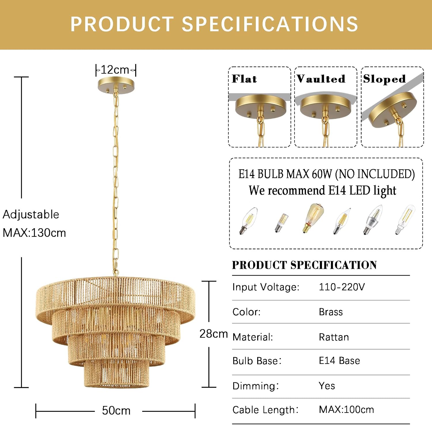 Schindora Lampadario Rattan Vintage Boho 50 Cm, Ottone - immagine 2