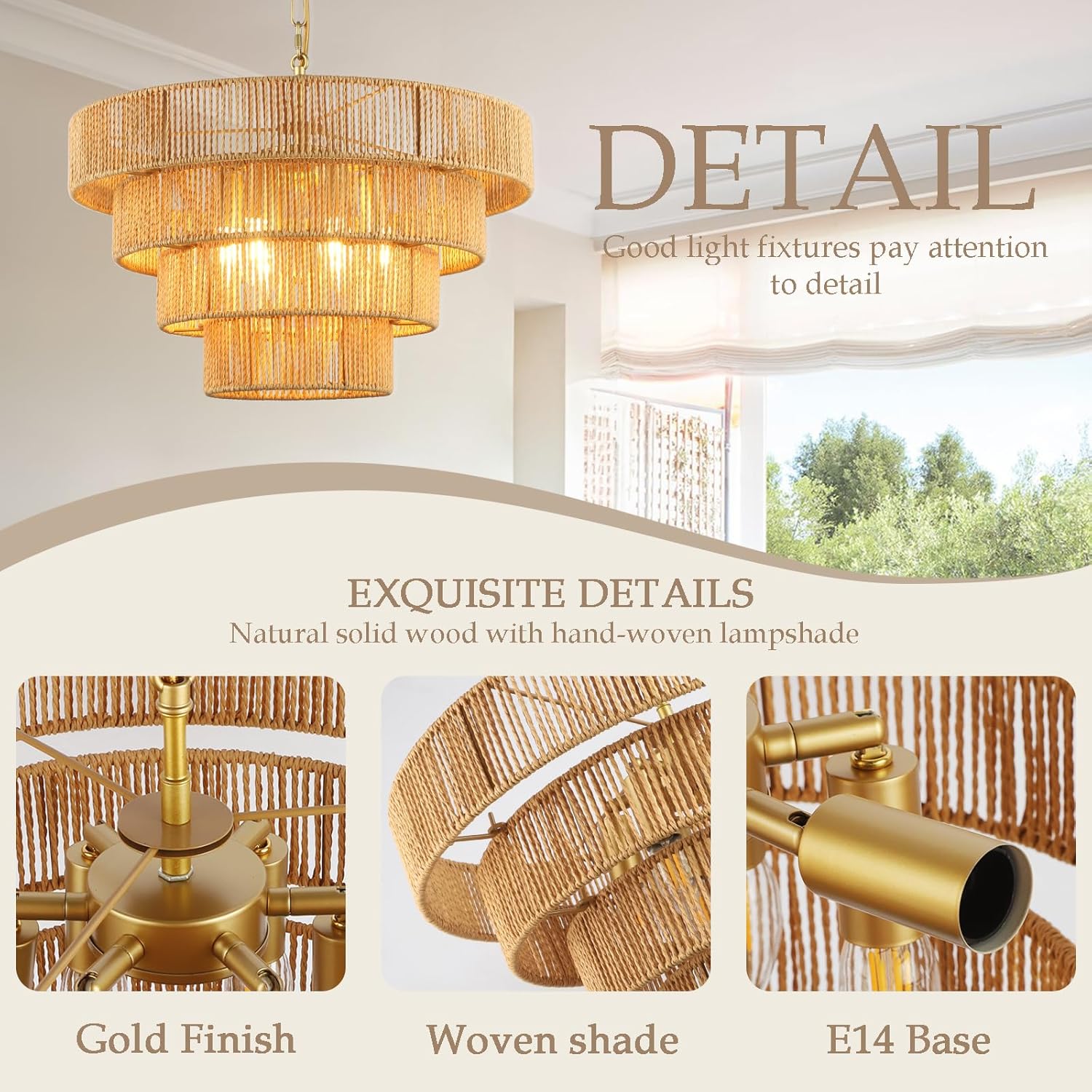 Schindora Lampadario Rattan Vintage Boho 50 Cm, Ottone - immagine 3